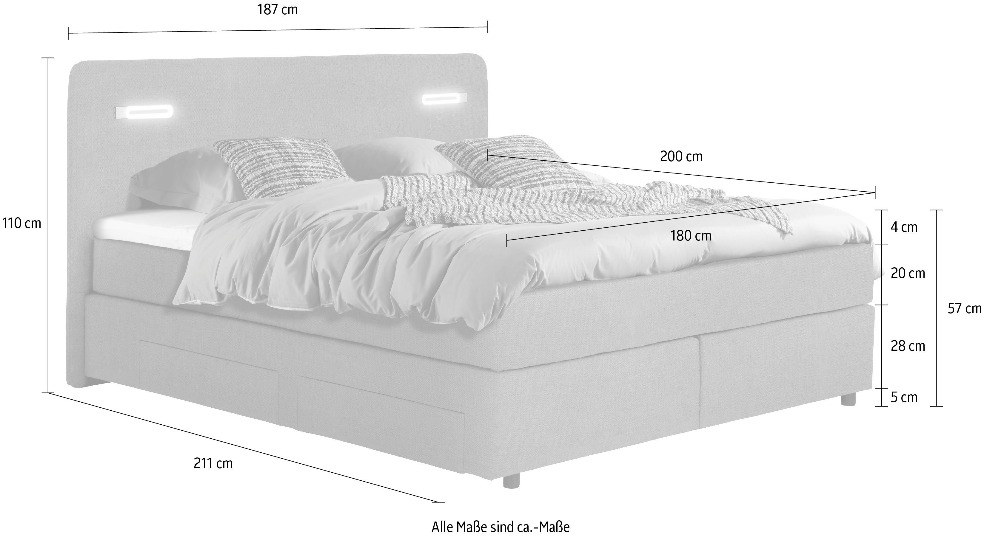 INOSIGN Boxspring Luan Laden, ledverlichting en topmatras, in breedte 120 cm en 180 cm