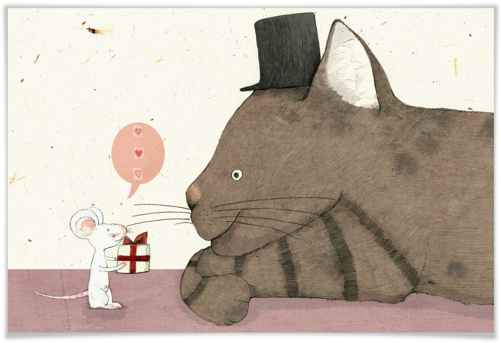 Wall-Art Poster Loske kat en muis cadeau Poster, artprint, wandposter (1 stuk)