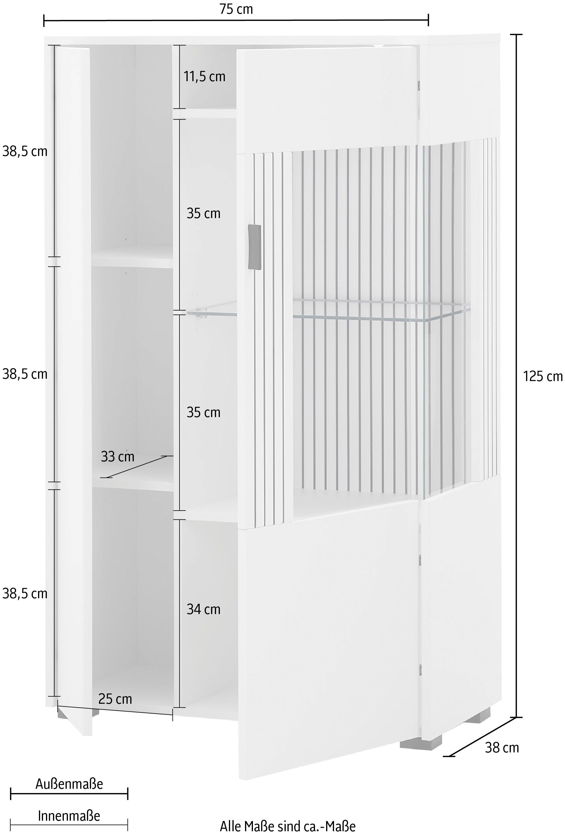 INOSIGN Vitrinekast Hudson, opberg vitrine, staande vitrine in moderne trendkleur, handgrepen van metaal (zwart), hoogte 125 cm