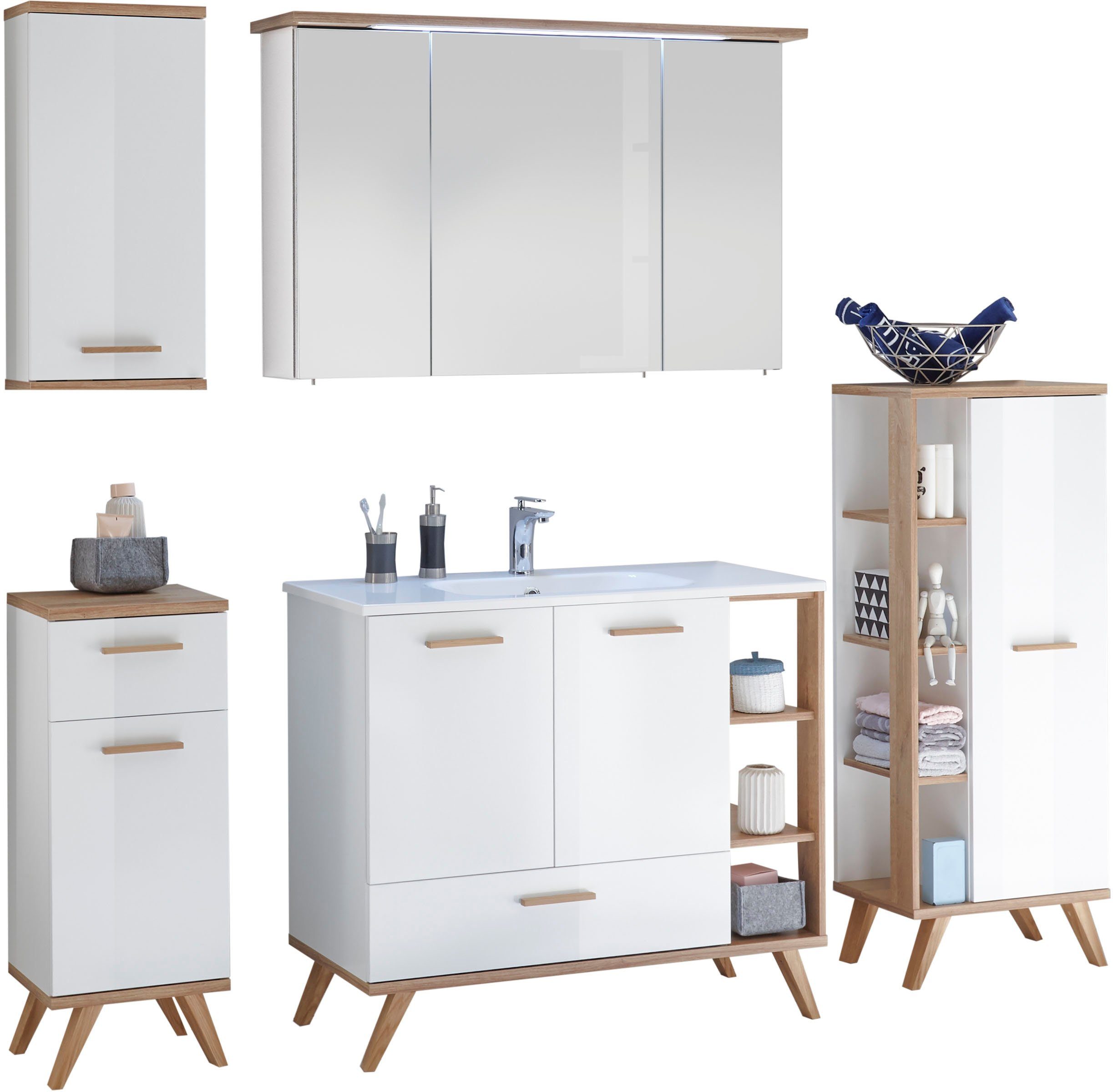 Saphir Badkamerserie Quickset mineraalmarmeren wastafel met led-spiegelkast Onderkast, hangend kastje, halfhoge kast, 8 deuren, 2 laden (6-delig)
