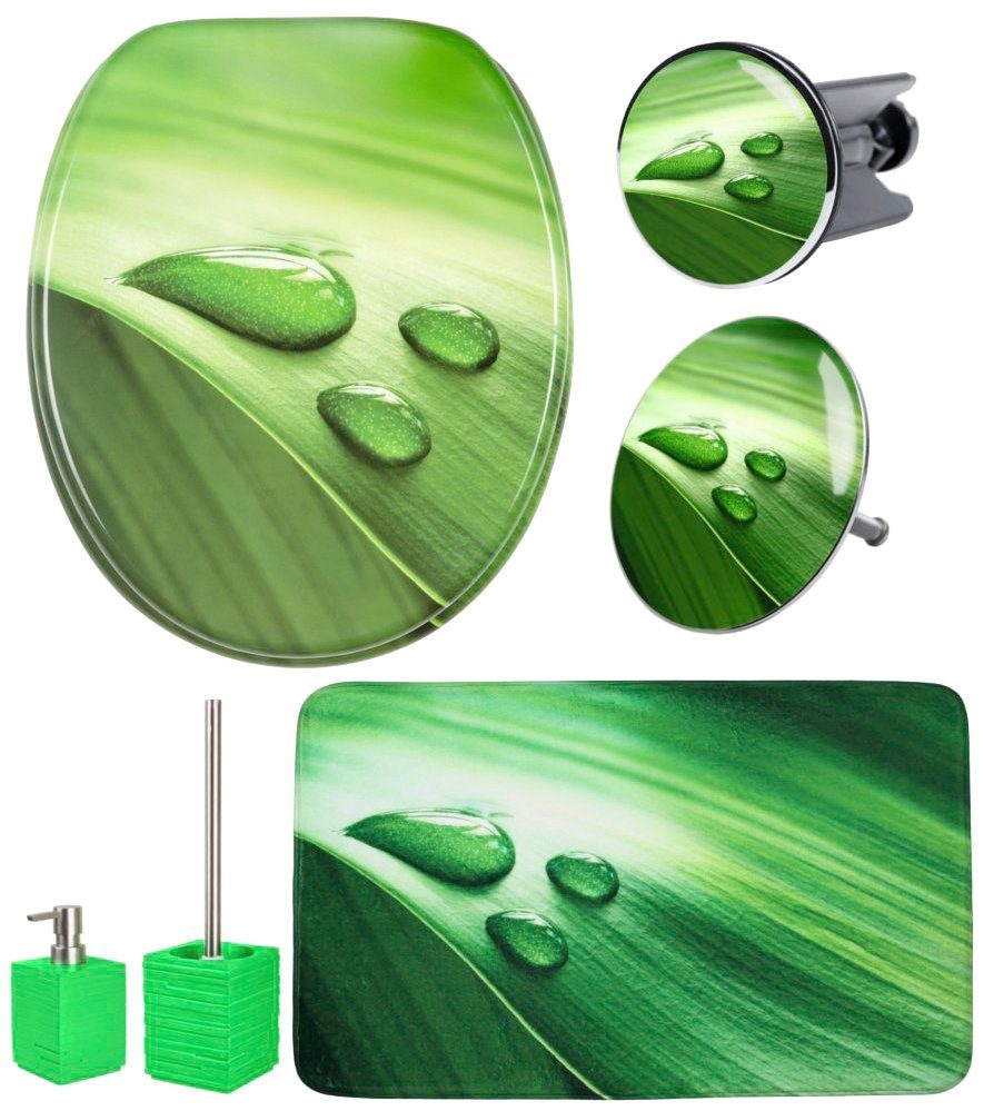 Sanilo Sets badkameraccessoires Green Leaf bestaand uit toiletzitting, badmat, wasbak- en afvoerstop voor de badkuip, zeepdispenser en toiletborstel (complete set, 6-delig)