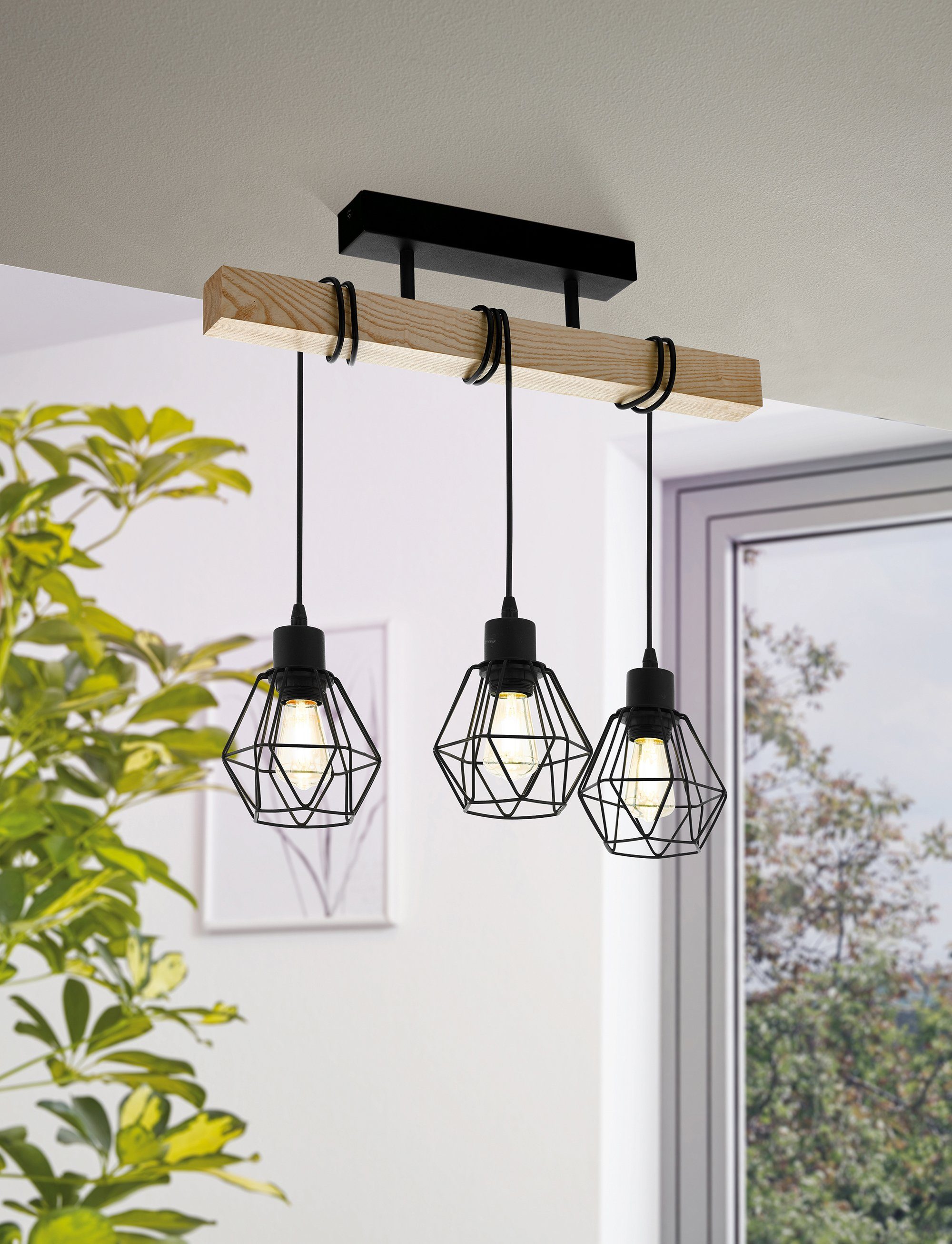 EGLO Plafondlamp TOWNSHEND 5 Vintage plafondlamp, Industrial, retro lamp van staal en hout, E27