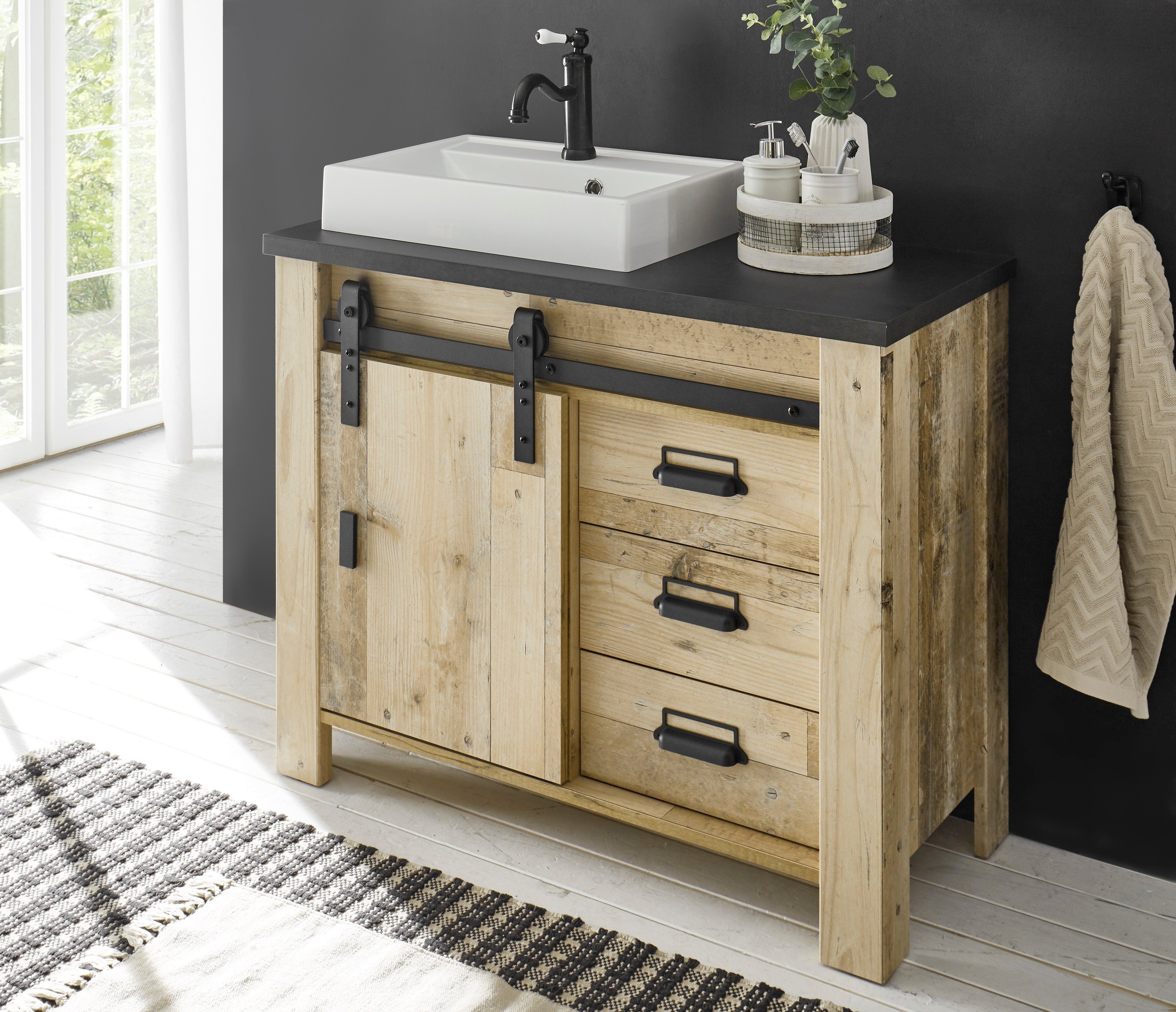 Home affaire Wastafelonderkast Sherwood Hout, schuurdeurbeslag en apothekersgrepen van metaal, hoogte 91 cm (1 stuk)