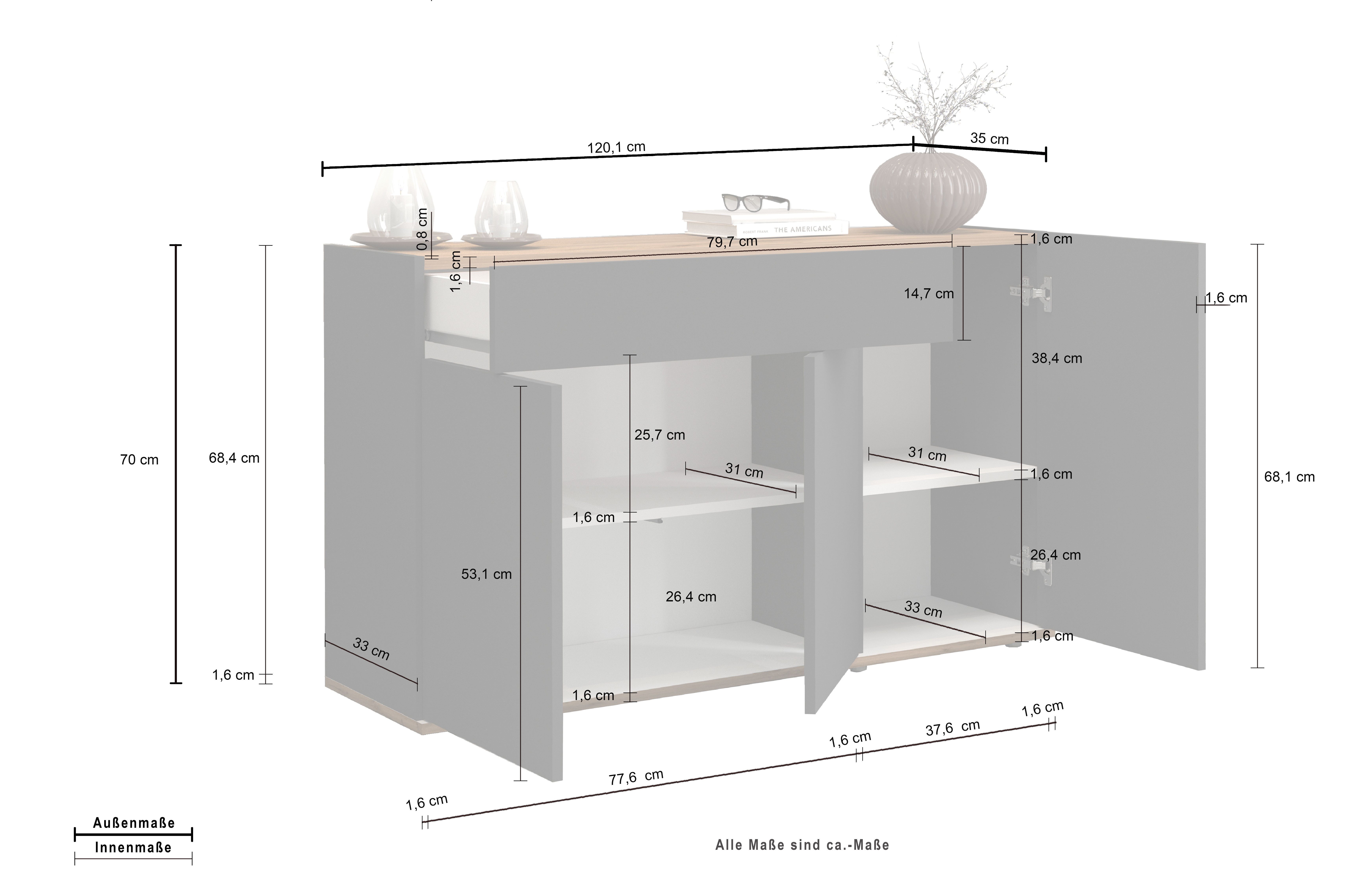 INOSIGN Dressoir Garda, Ladekast, Kast, Buffet 3 deuren, 1 lade, greeploos breedte 120,1 cm