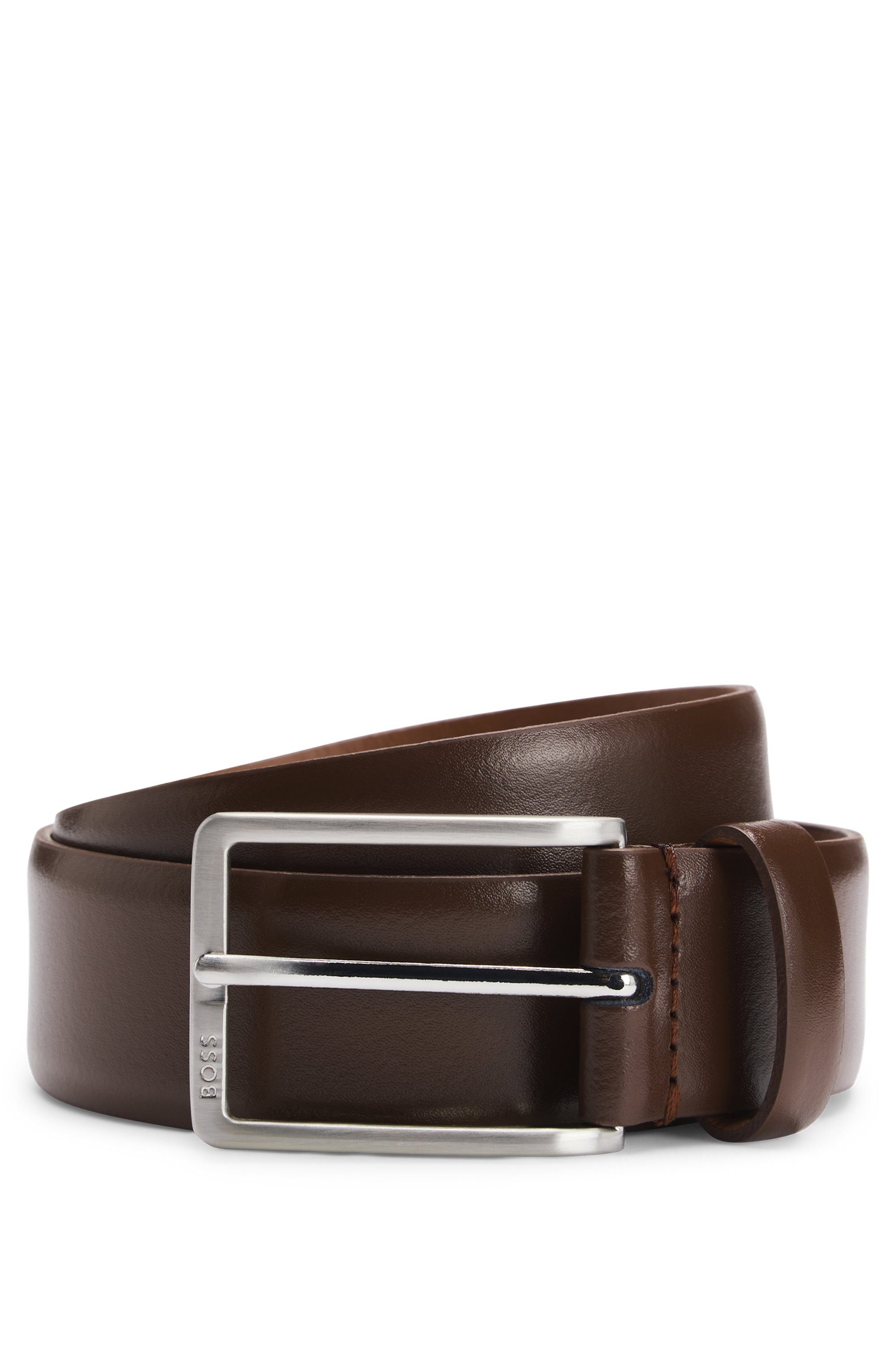Boss Leren riem Erman-L_Sz35 met subtiele boss-reliëf op de sluiting heren riemen maat 120 bruin