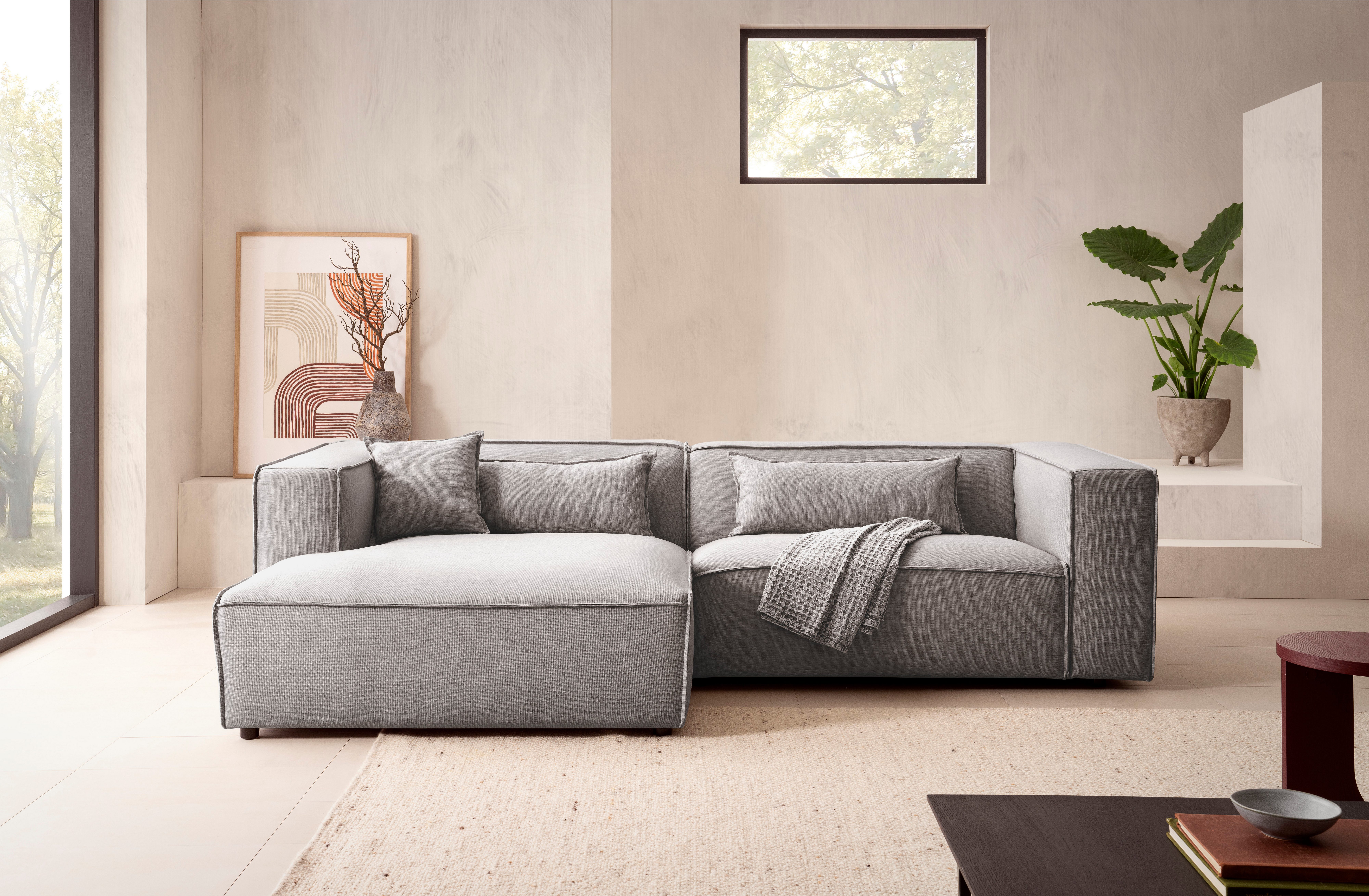 LeGer Home by Lena Gercke Hoekbank PIARA met biesnaad in cord of linnenlook, moderne bank in L-vorm keuze ottomaan rechts/links, zwarte voeten, comfortabel zitcomfort