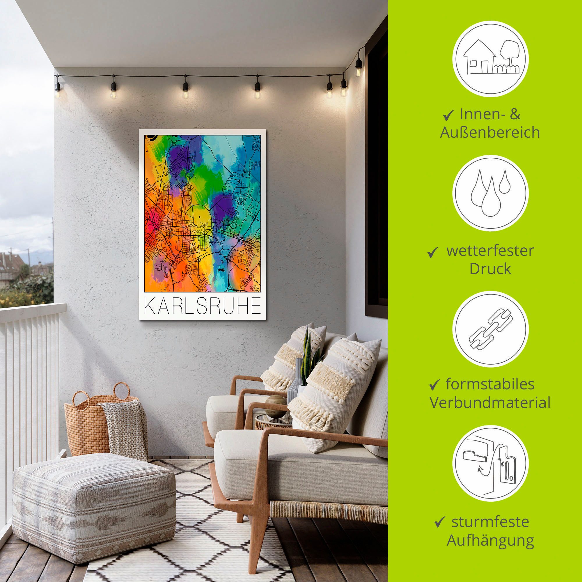 Artland Artprint Retro kaart Karlsruhe aquarel als artprint van aluminium, artprint voor buiten, poster in diverse formaten