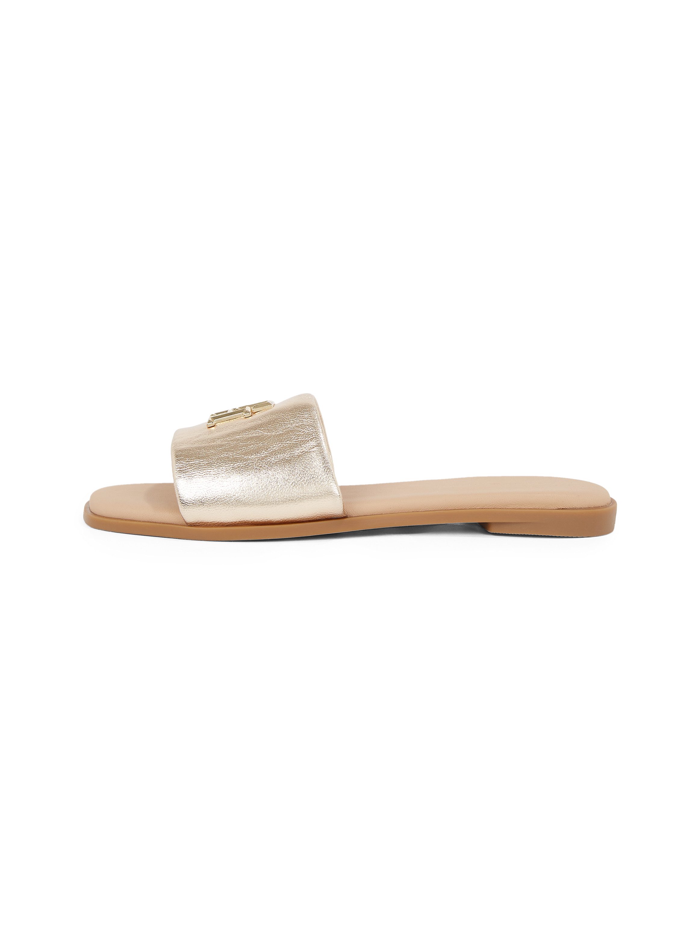 Tommy Hilfiger Slippers TH LOGO HW METALLIC LEATHER MULE , zomerschoen, flats, comfortabele schoen met th-sieraandeel