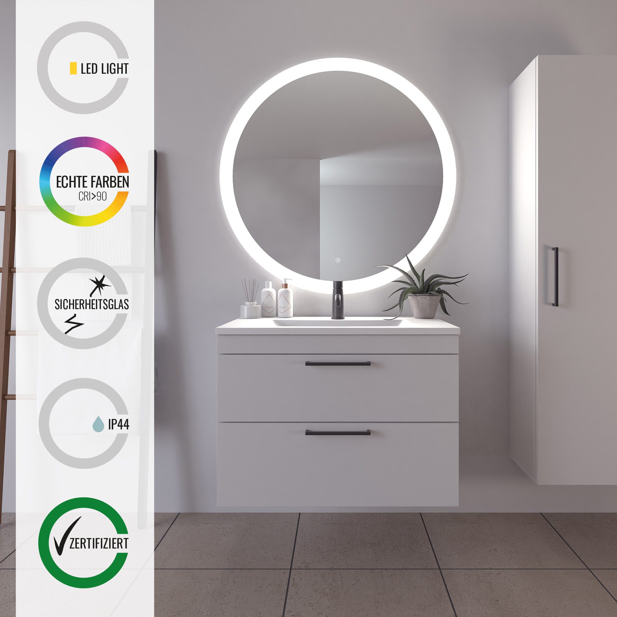 Loevschall Badspiegel Vega rond, badkamerspiegel met LED-verlichting, lichtspiegel Touchpanel voor Lichtbediening, Dimbare Spiegel, Deens Ontwerp (1 stuk)