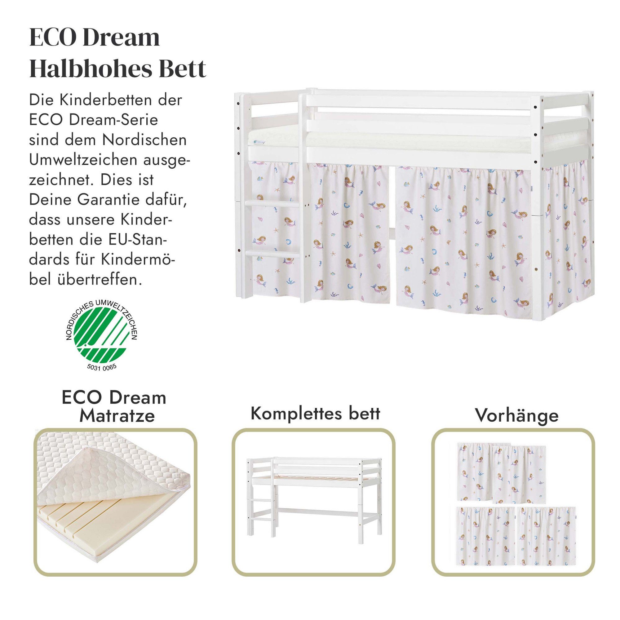 Hoppekids Speelbed ECO Dream, hoogslaper, deelbaar in 2 eenpersoonsbedden Massief houten bed met zeemeermingordijn, matras & 2 maten ter keuze