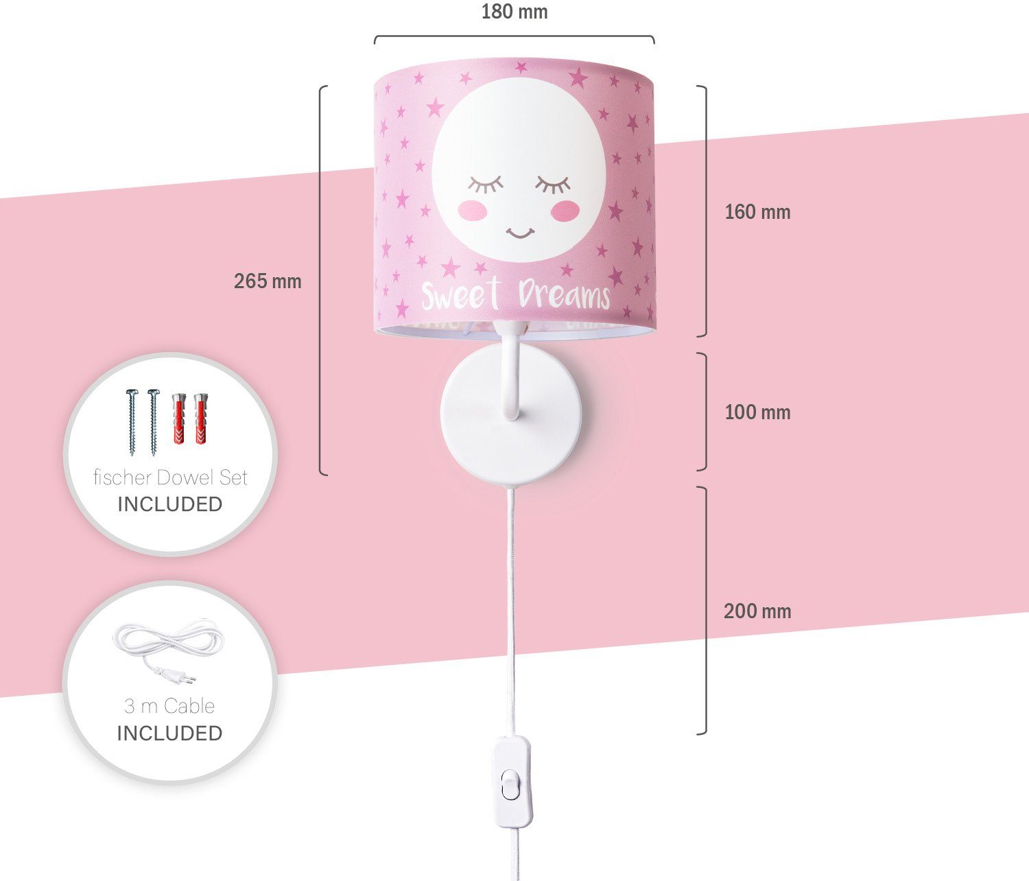 Paco Home Wandlamp Aleyna 103 Kinderlamp babykamer kinderkamer âˆ…18cm maan kabel 3m E14