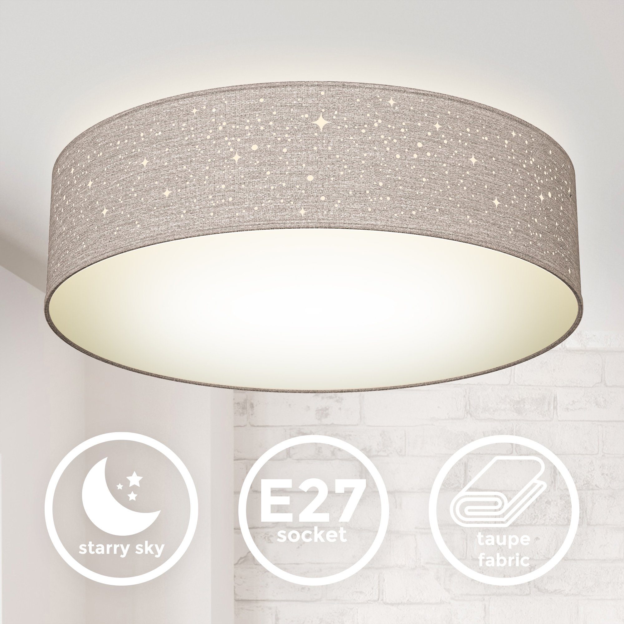 B.K.Licht Plafondlamp Textiel-sterrenhemel, taupe, 2-armig E27, stoffen plafondlamp, rond (1 stuk)