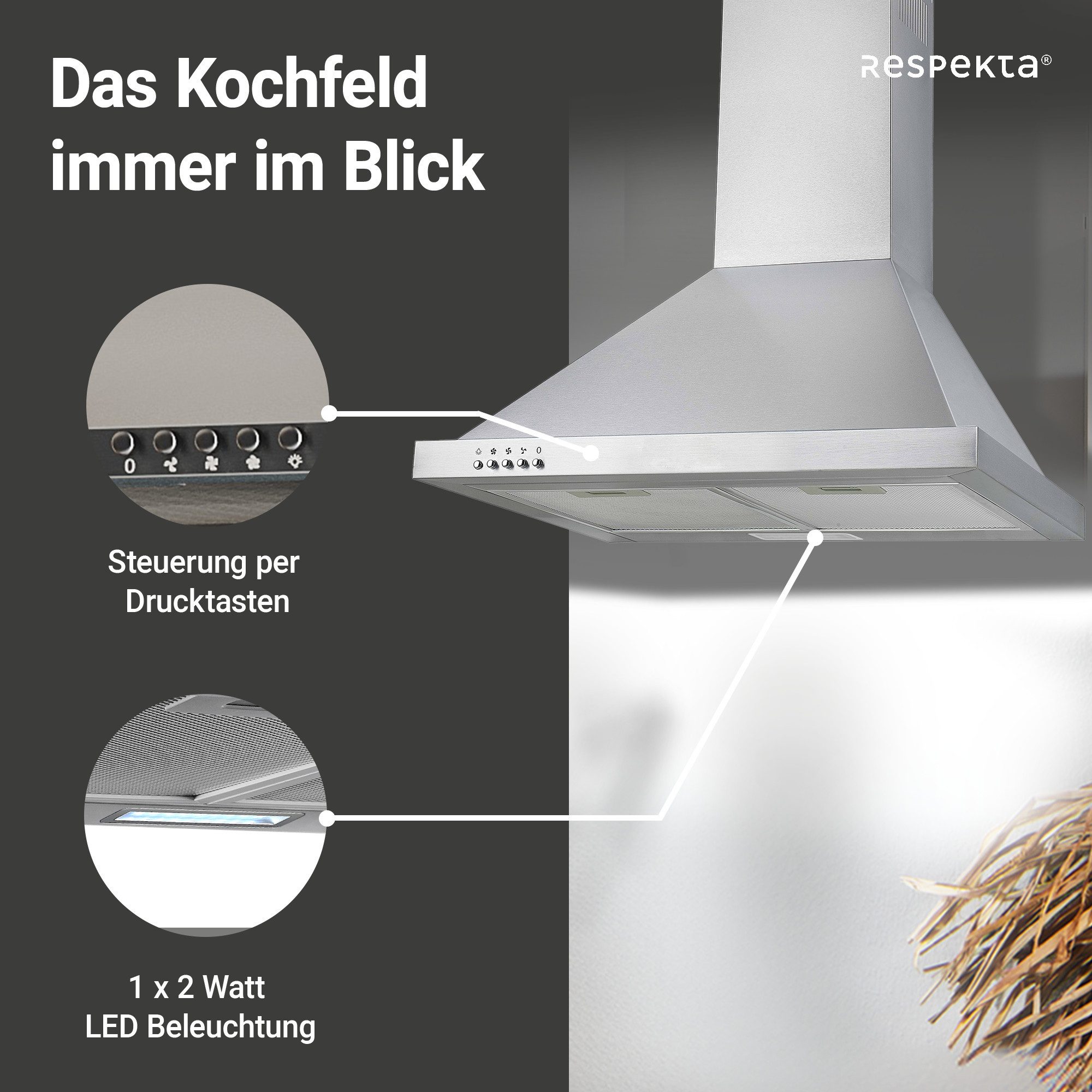 RESPEKTA Schouwkap CH 22078 IXB 60 cm, 3 vermogensniveaus, led-verlichting, geschikt voor afzuiging en recirculatie