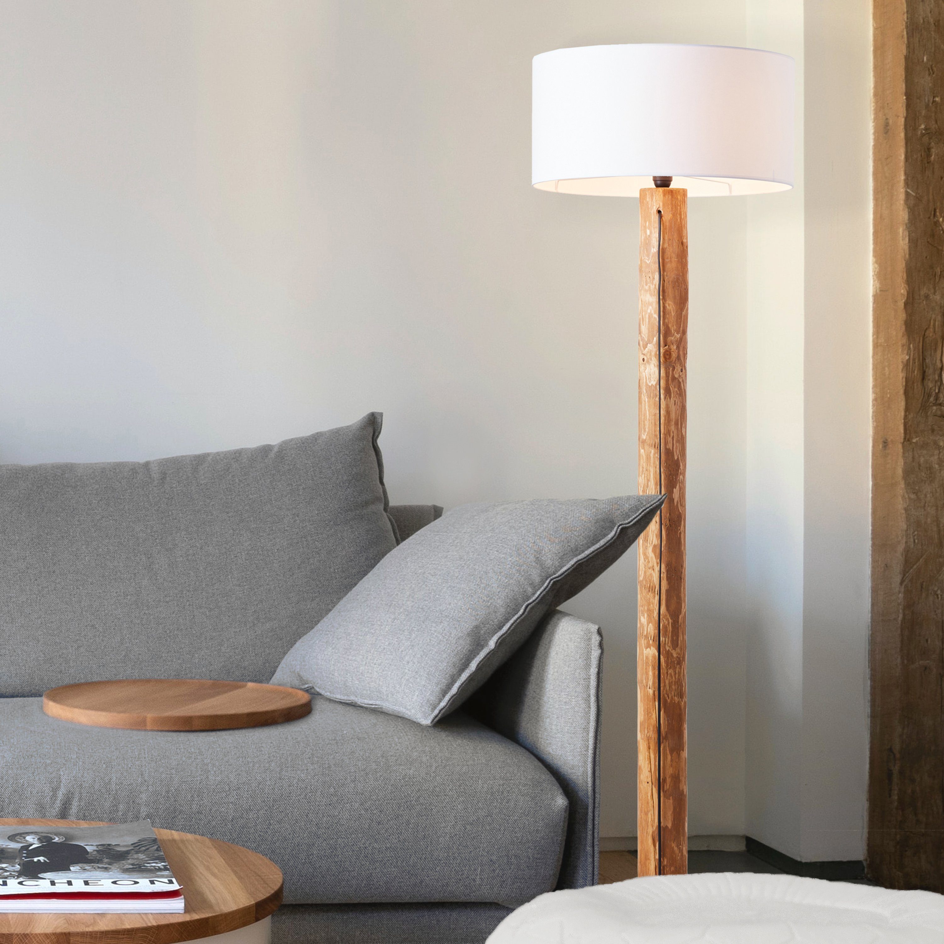 Brilliant Leuchten Staande lamp Jimena Stofscherm, H 164 cm, Ø 50 cm, E27, hout/textiel, grenen gebeitst (1 stuk)