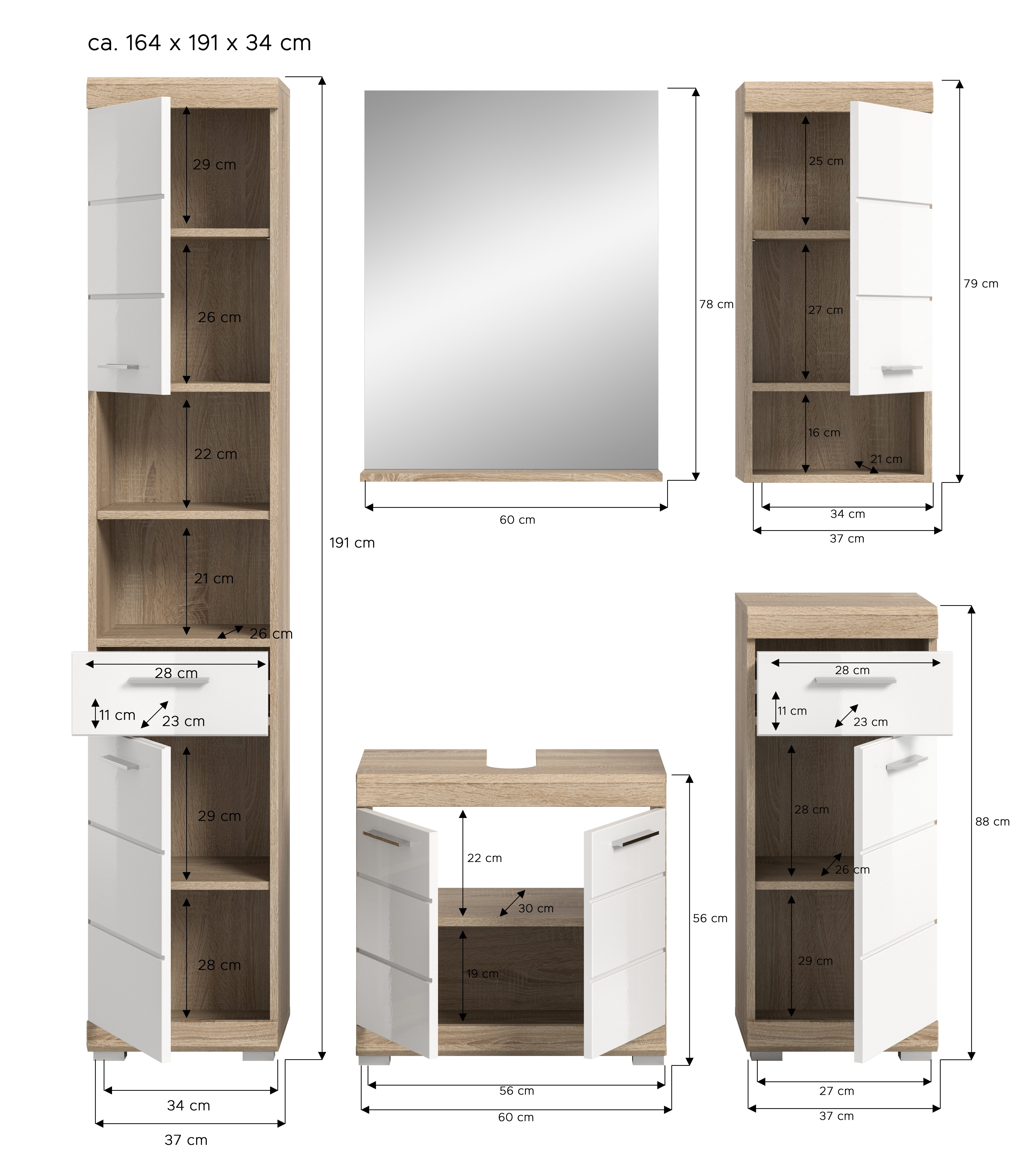 INOSIGN Badmeubelset Siena, 5-delig, bestaande uit: Hoge kast, WBU, spiegel, onderkast, hangkast (set, 5 stuks)
