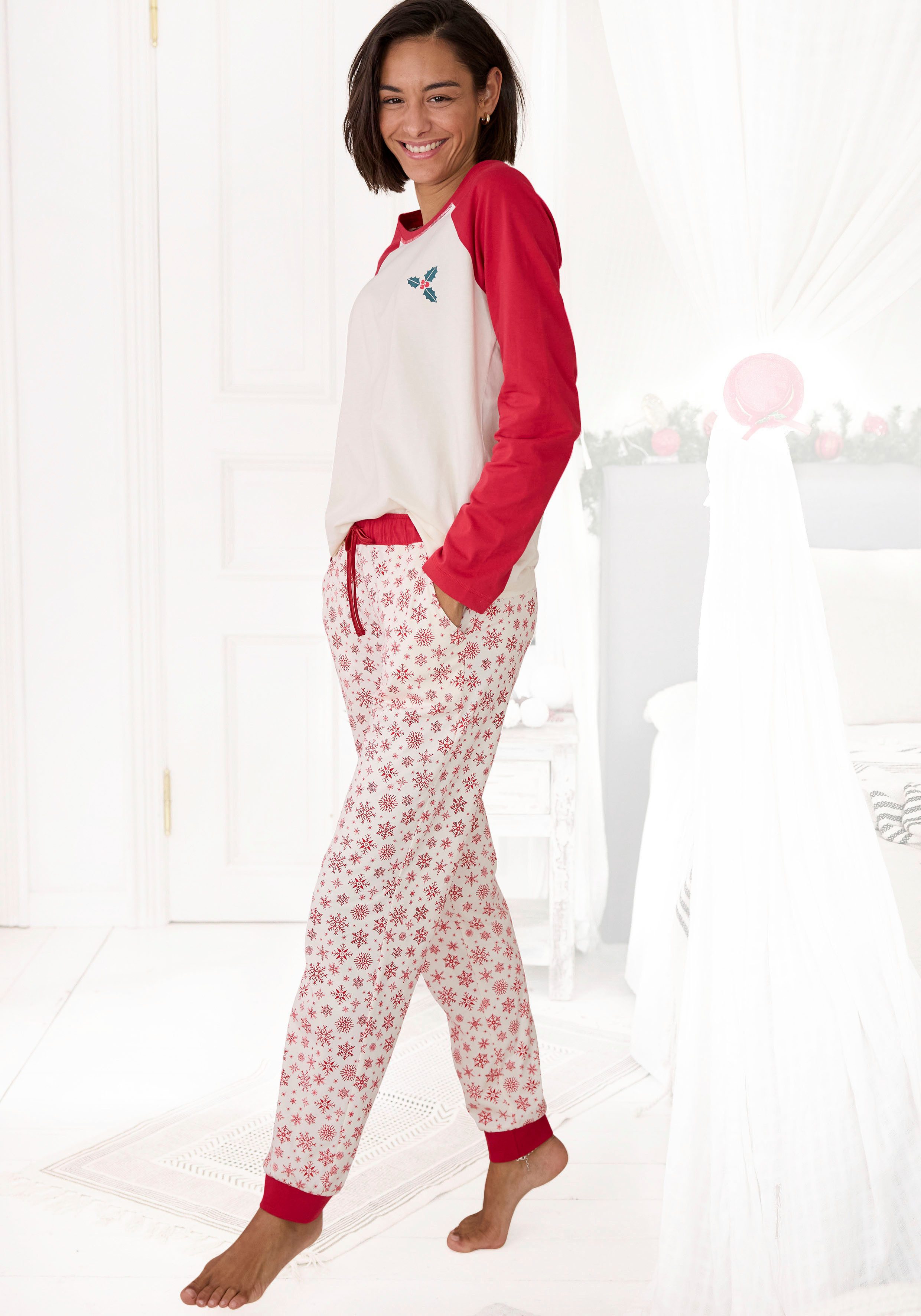 Lascana Pyjama met wintermotieven dames nachtkleding maat 32/34 rood