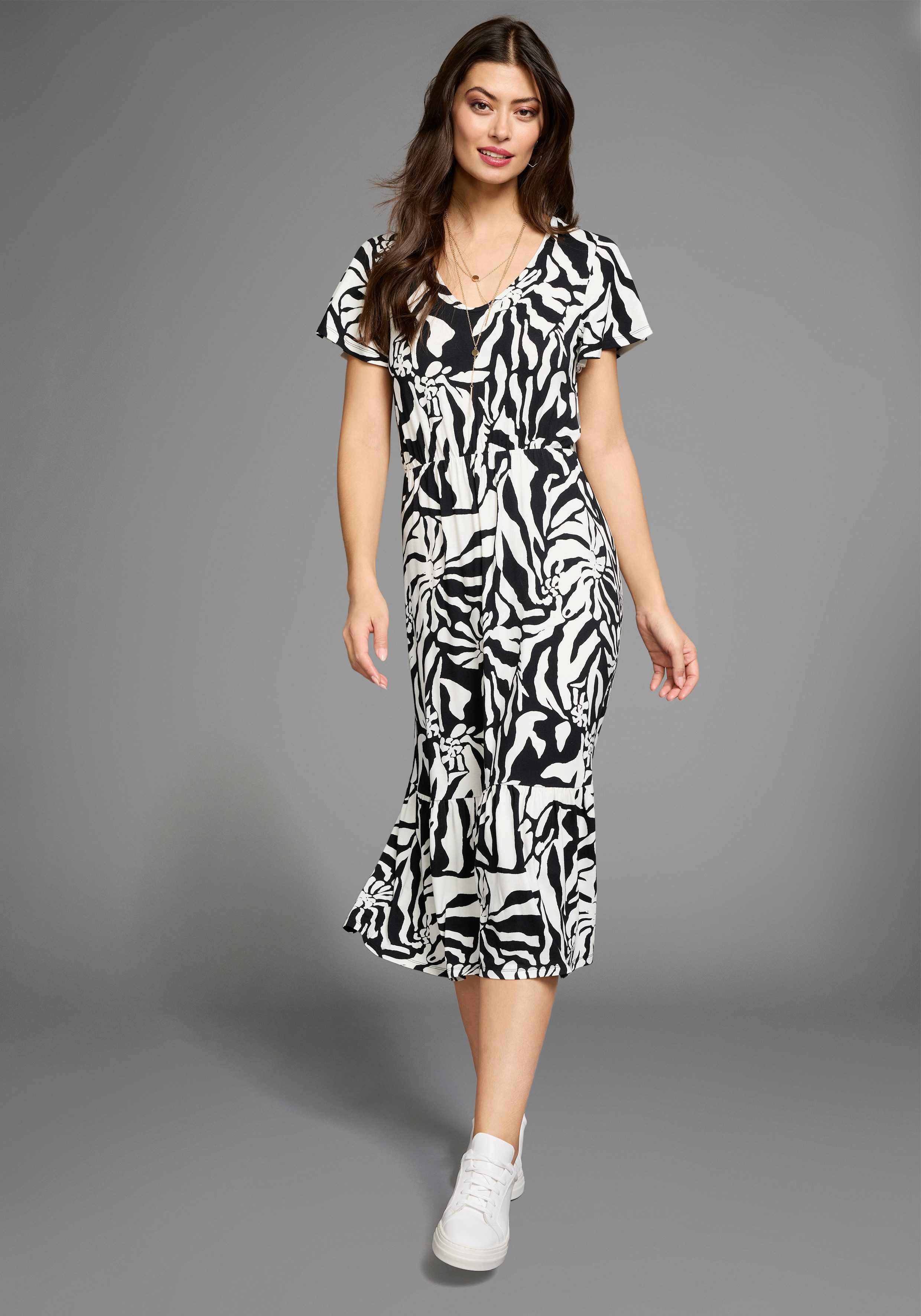 Laura Scott Midi-jurk in opvallend zebra-look met vleugel mouwen - nieuwe collectie