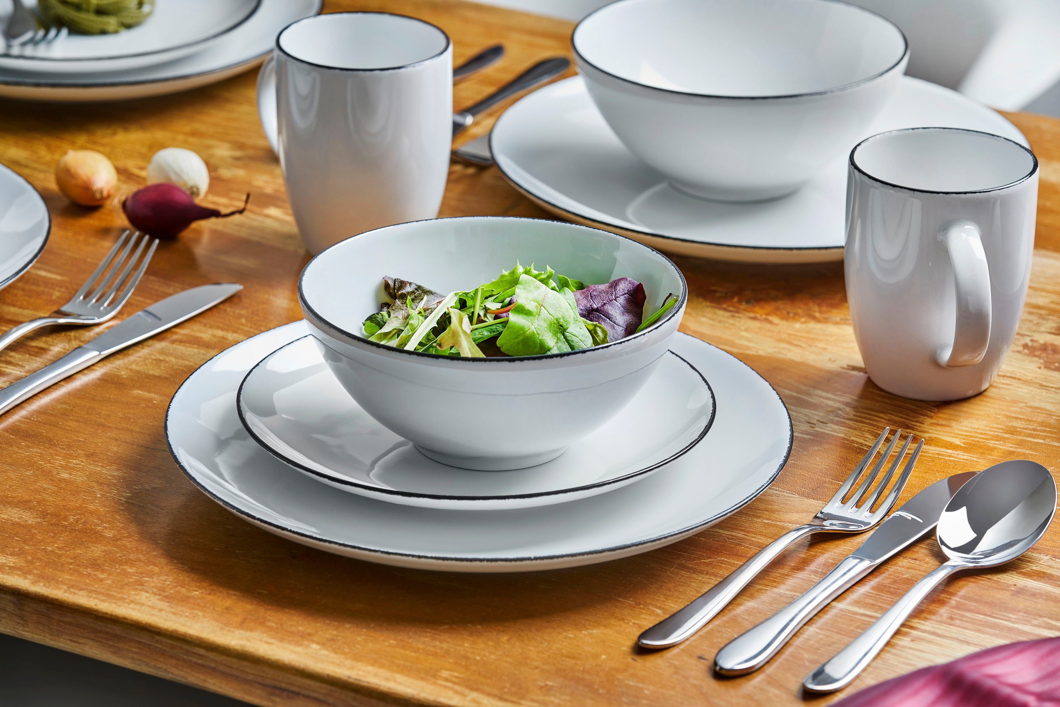 van Well Combi-servies Serviesset, servies Black Star Rand met trendy zwarte lijn, 24 delen, voor 6 personen (set, 24-delig)