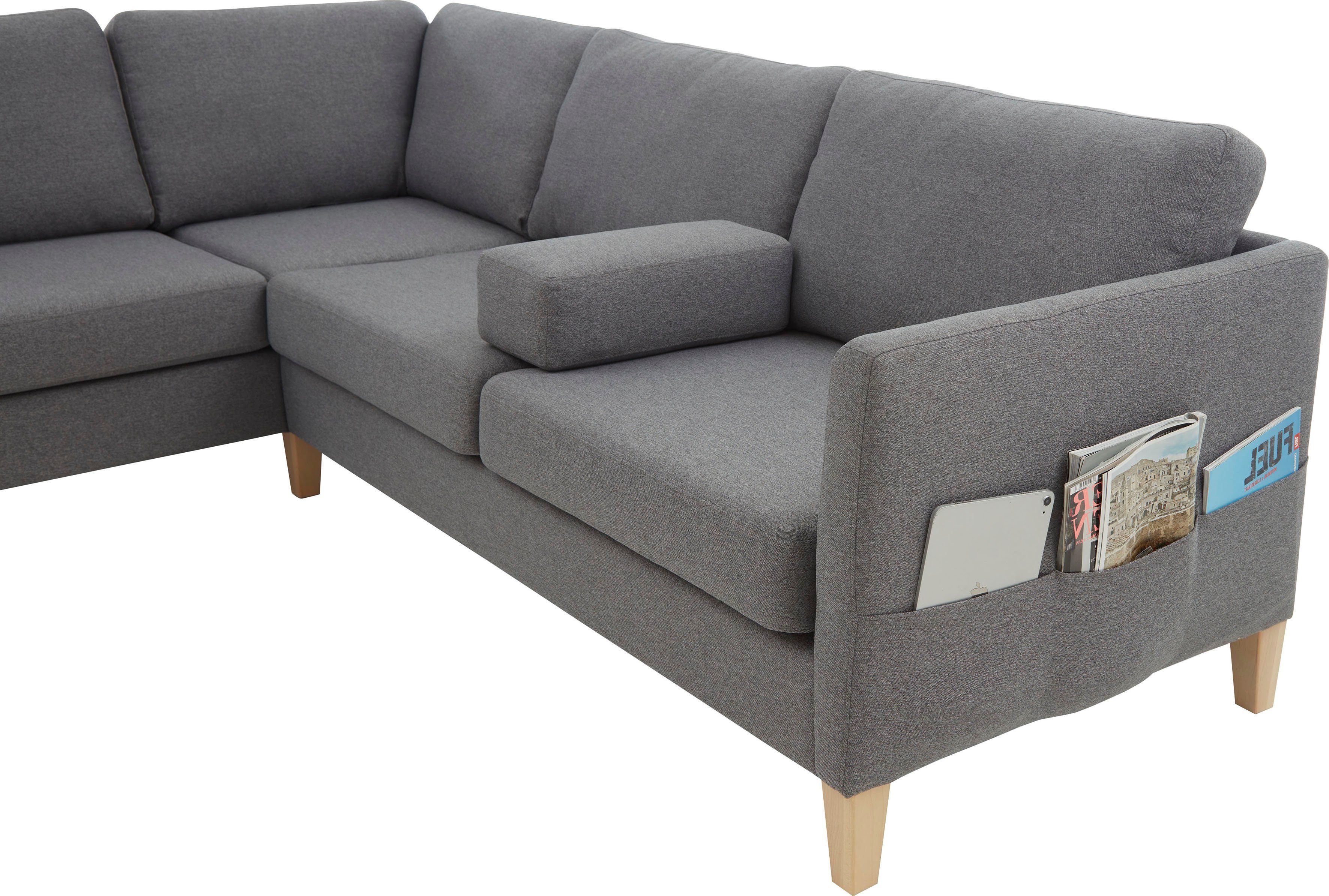 ATLANTIC home collection Hoekbank Mailo L-vorm met zakken opzij en ottomane, met massief houten poten