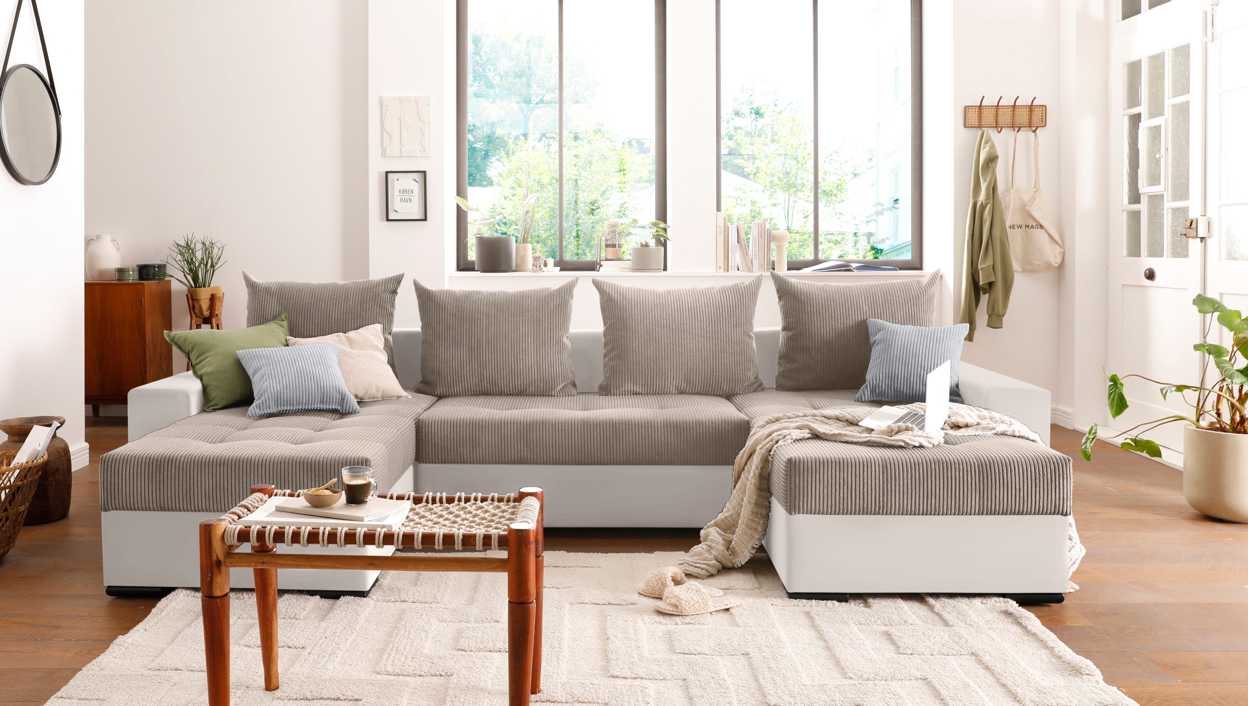 COLLECTION AB Zithoek XL-Josy U-vorm, breedte 313 cm, cord-/mix incl. bedfunctie, bedlade, met 4 gelijk grote rugkussens