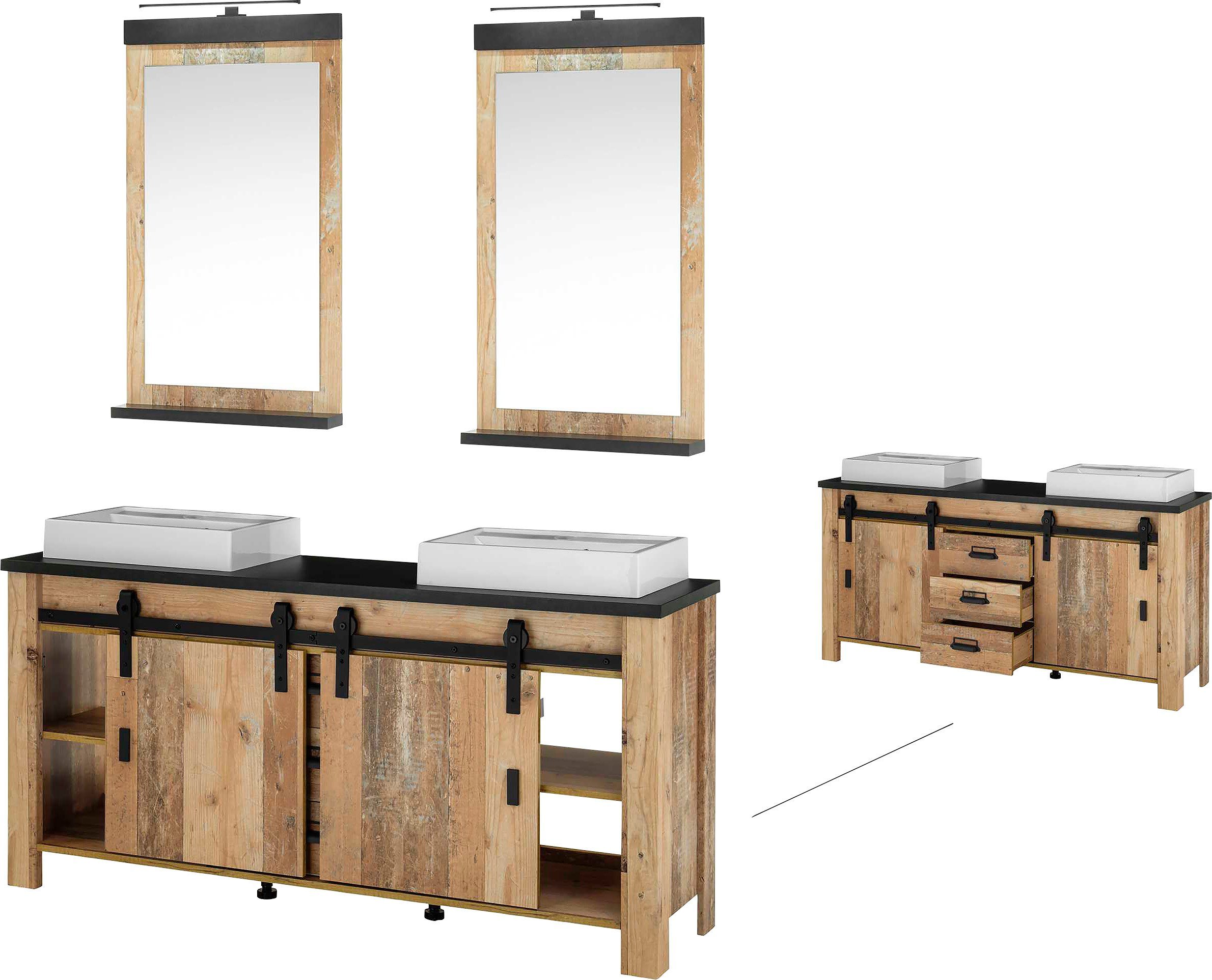 Home affaire Badkamerserie Sherwood in houtdecor, met schuurdeurbeslag en apothekersgrepen van metaal (3-delig)
