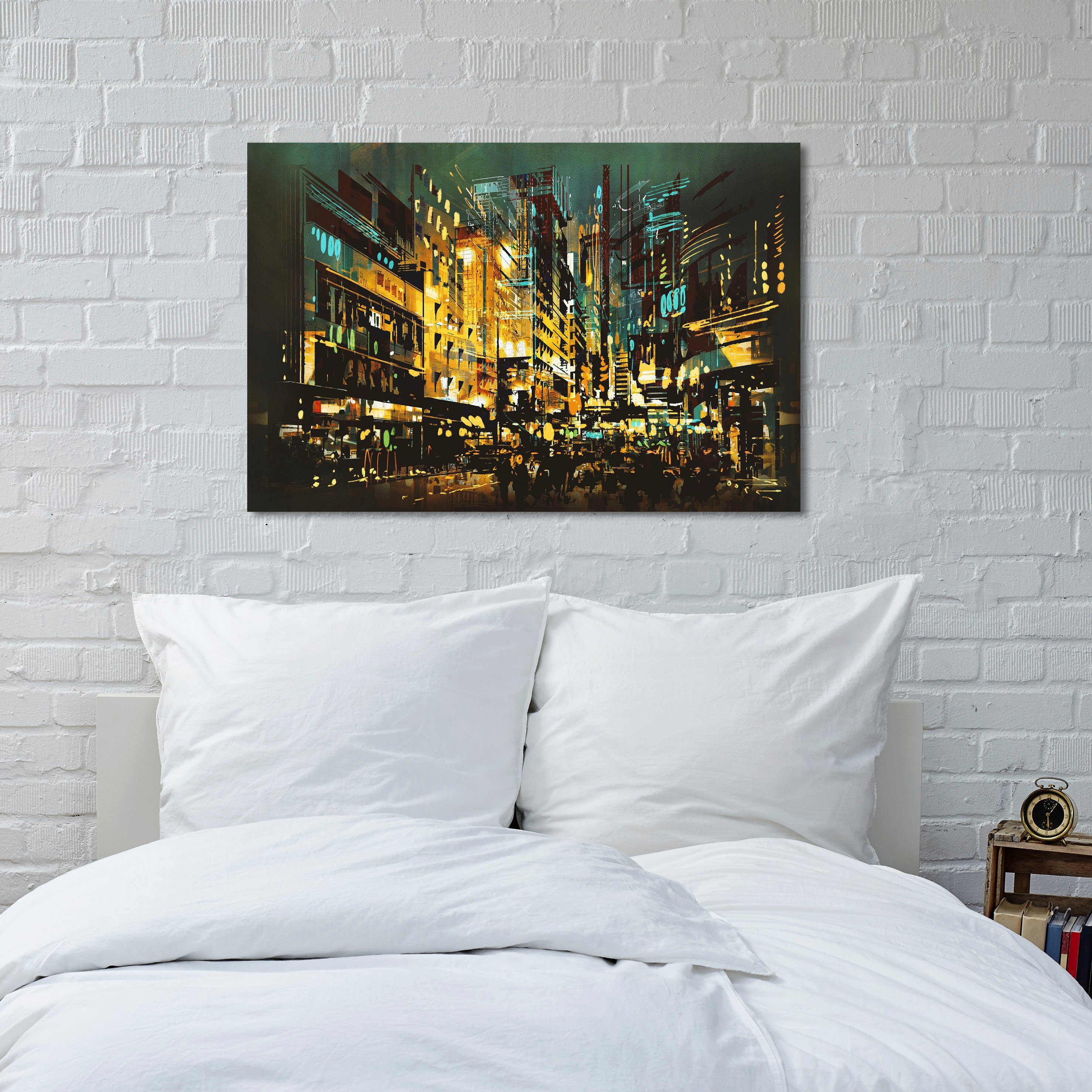 queence Artprint op linnen Verlichte stad Premium canvasstof, handgemaakt in Duitsland