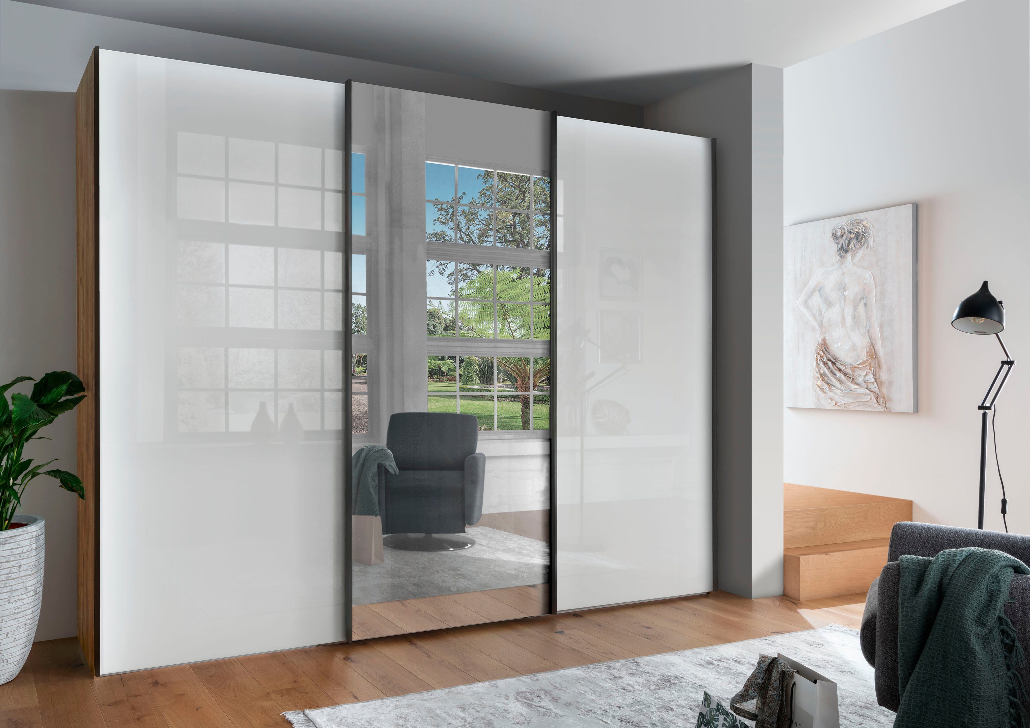 WIEMANN Zweefdeurkast Monaco, Kledingkast, Kast, Linnenkast, met schuifdeuren hoogwaardige glazen en spiegelvoorkant, variabele binnenindeling