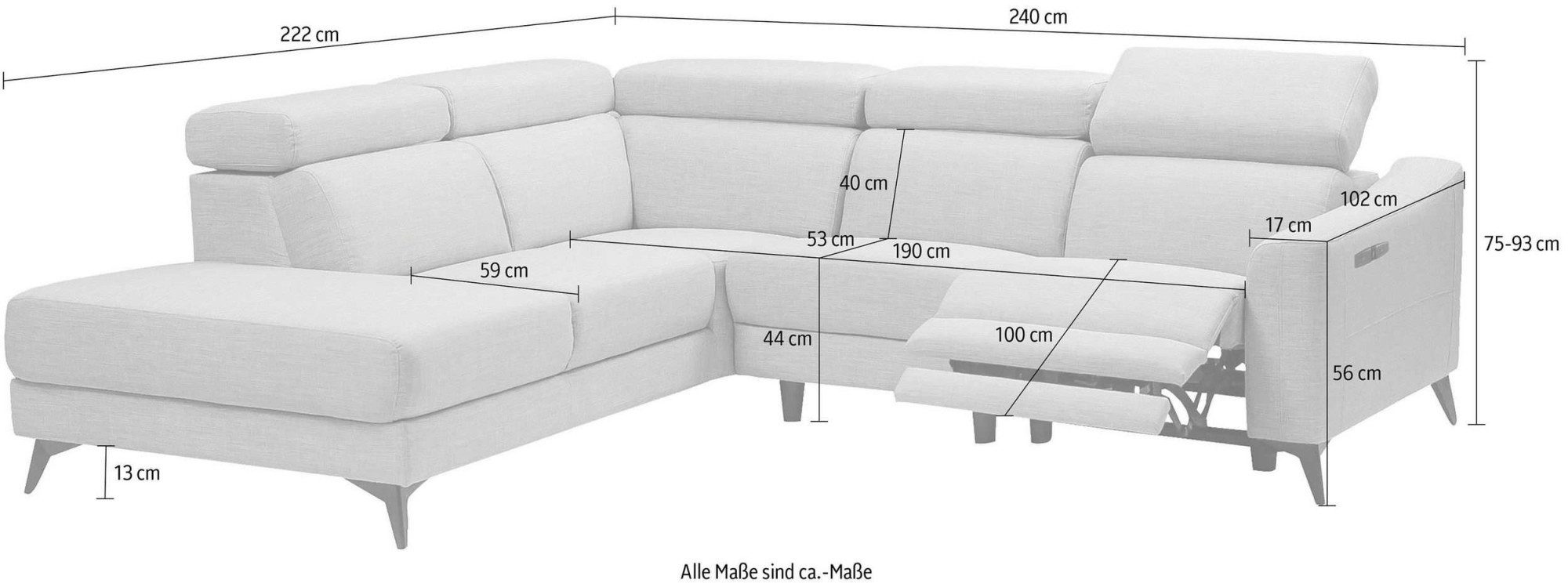 Places of Style Hoekbank Valerio met 1 elektrische relaxfunctie en usb-aansluiting