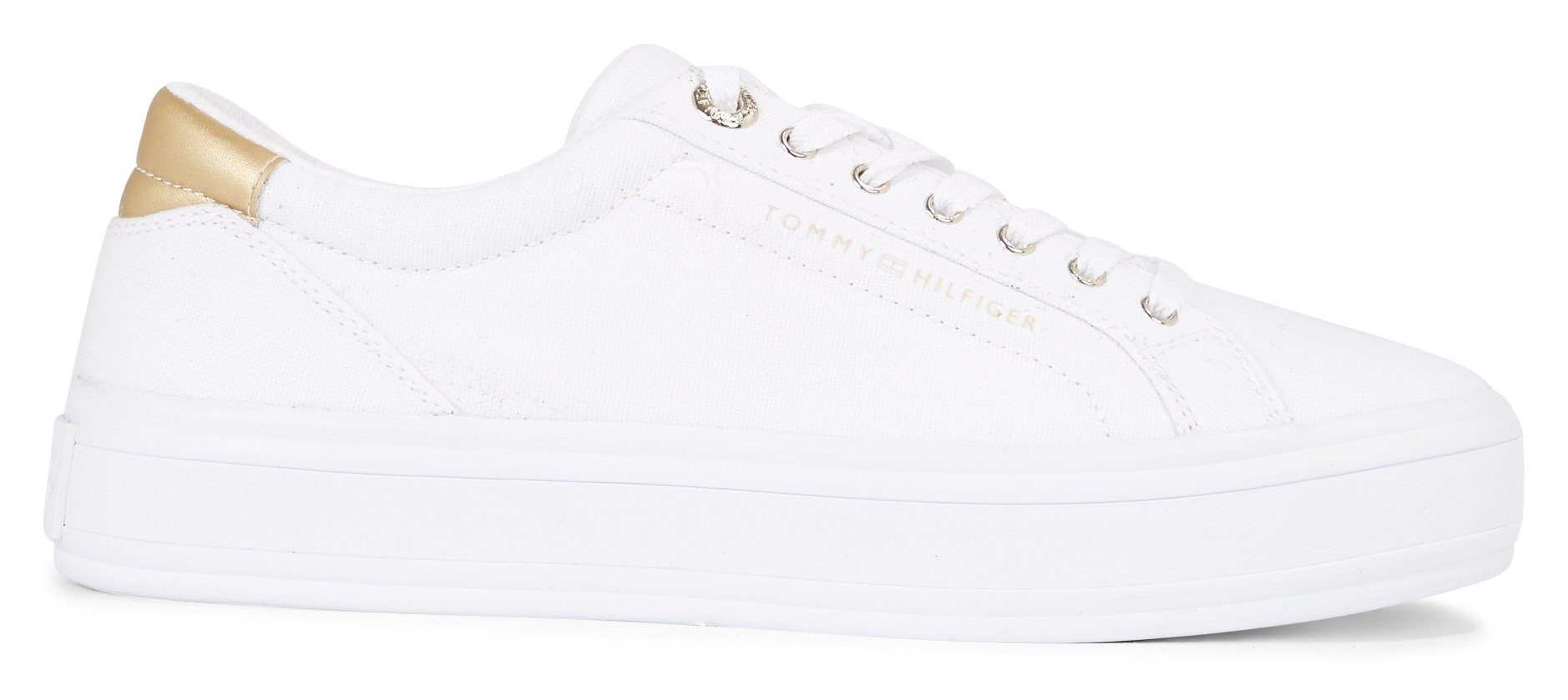 Tommy Hilfiger Plateausneakers ESSENTIAL VULC CANVAS SNEAKER Contrastafwerking in metalliclook, vrijetijdsschoen, lage schoen, veterschoen