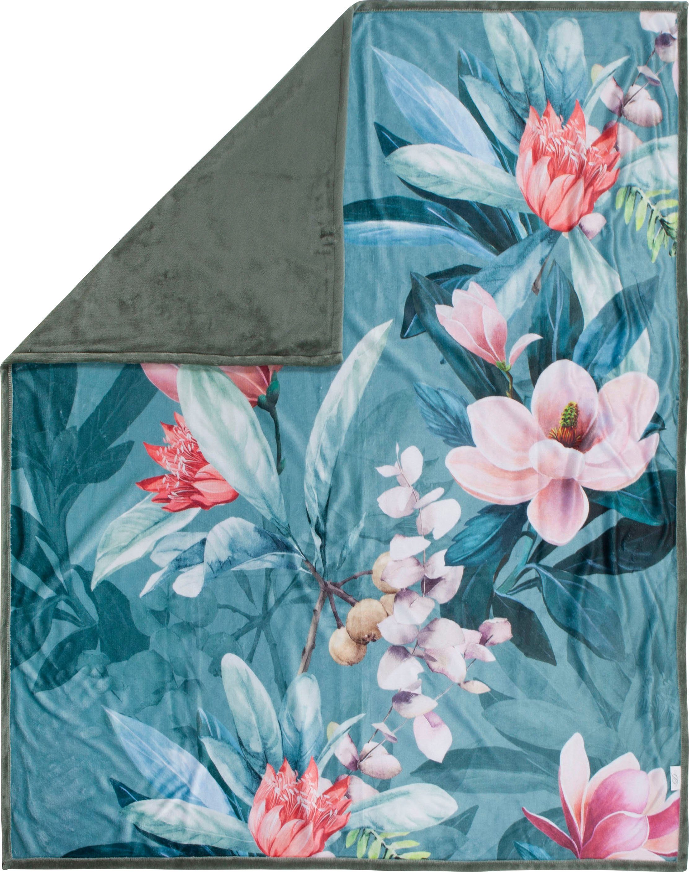 Descanso Plaid Parler Zeer zacht, knuffeldeken, 130x160 cm, omkeerbaar, bloemen, groen