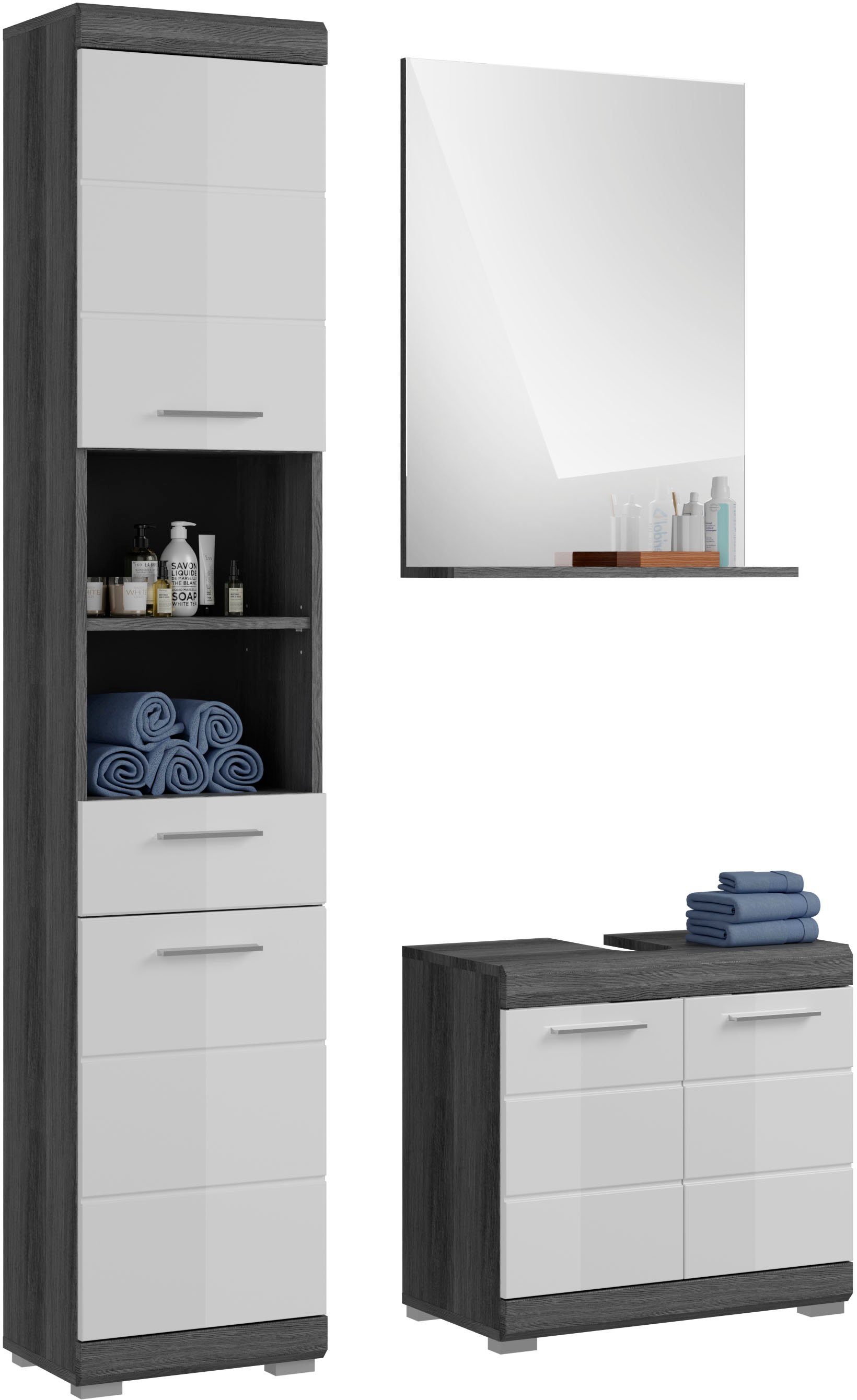 inosign badkamerserie siena badkamermeubels, hoge kast, spiegel, wastafelkast (set, 3-delig) grijs