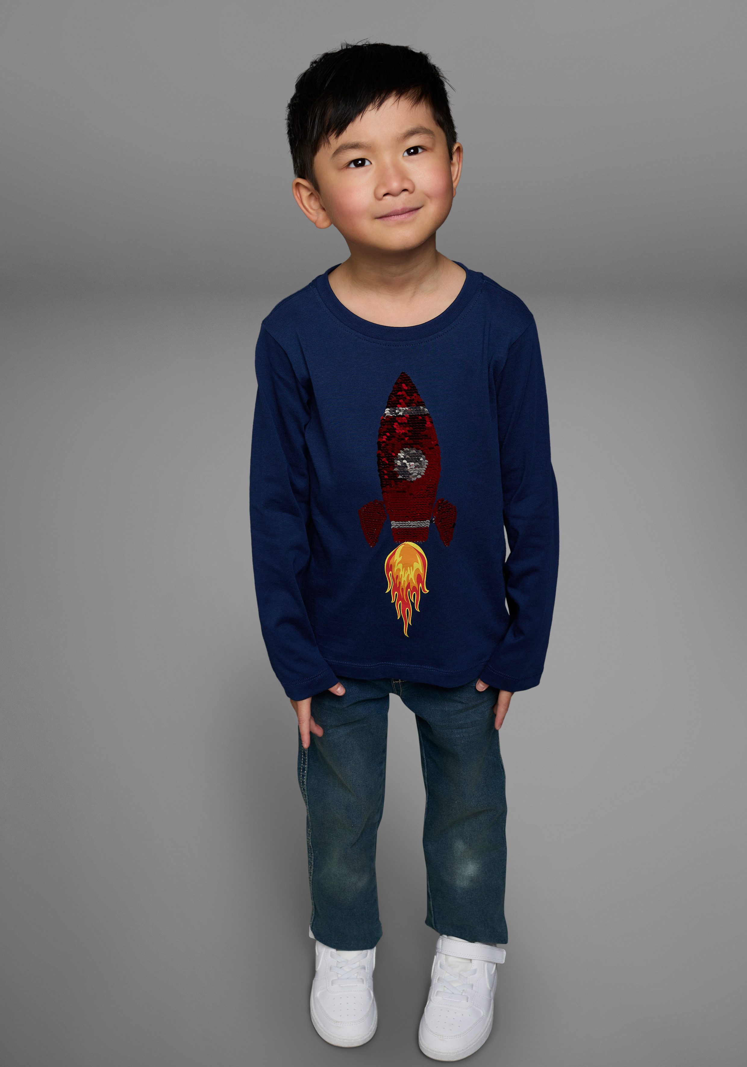 KIDSWORLD Shirt met lange mouwen Raket van omkeerbare pailletten lange mouwen, basic pasvorm, van jersey stof, van katoen