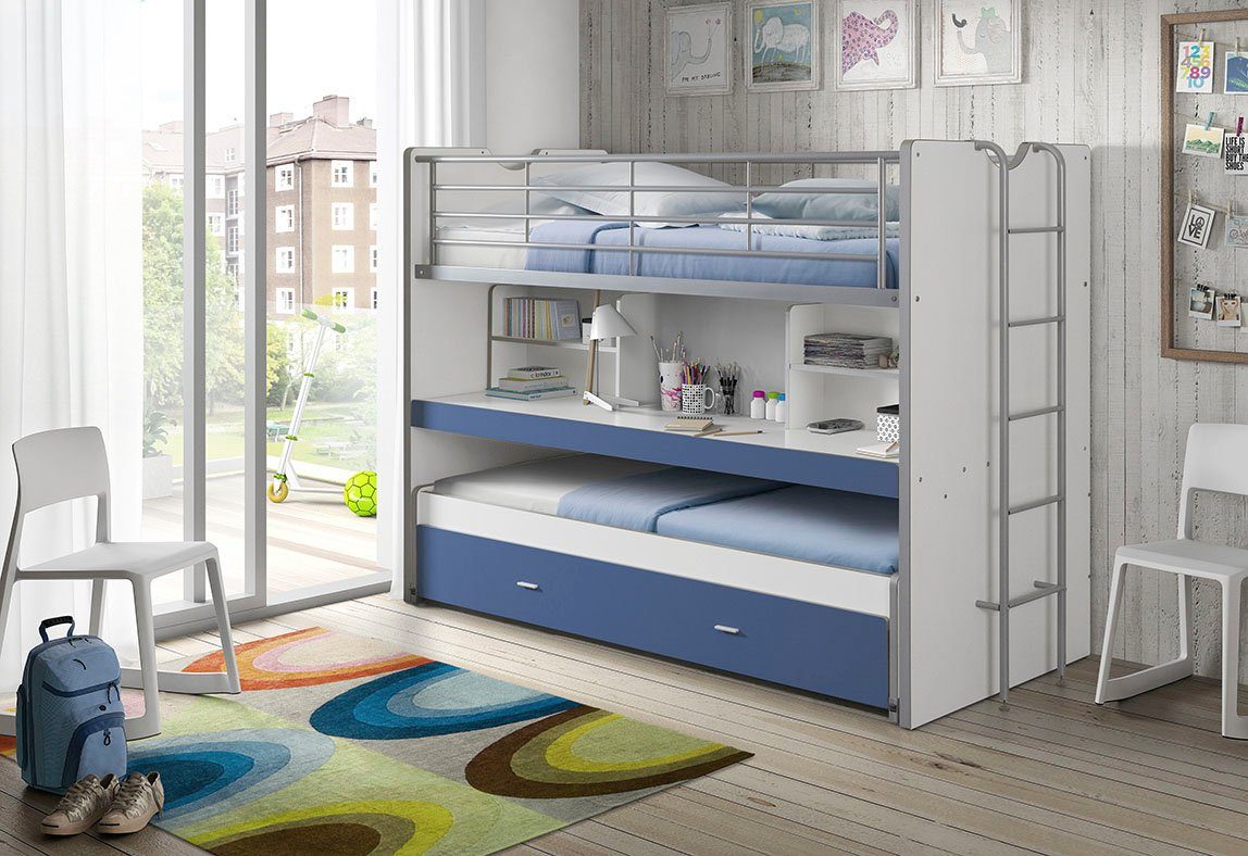 Vipack Hoogslaper met 2 ligoppervlakken 90x 200 cm en 1 onderbedlade of 3e ligoppervlak hoogslapers wit