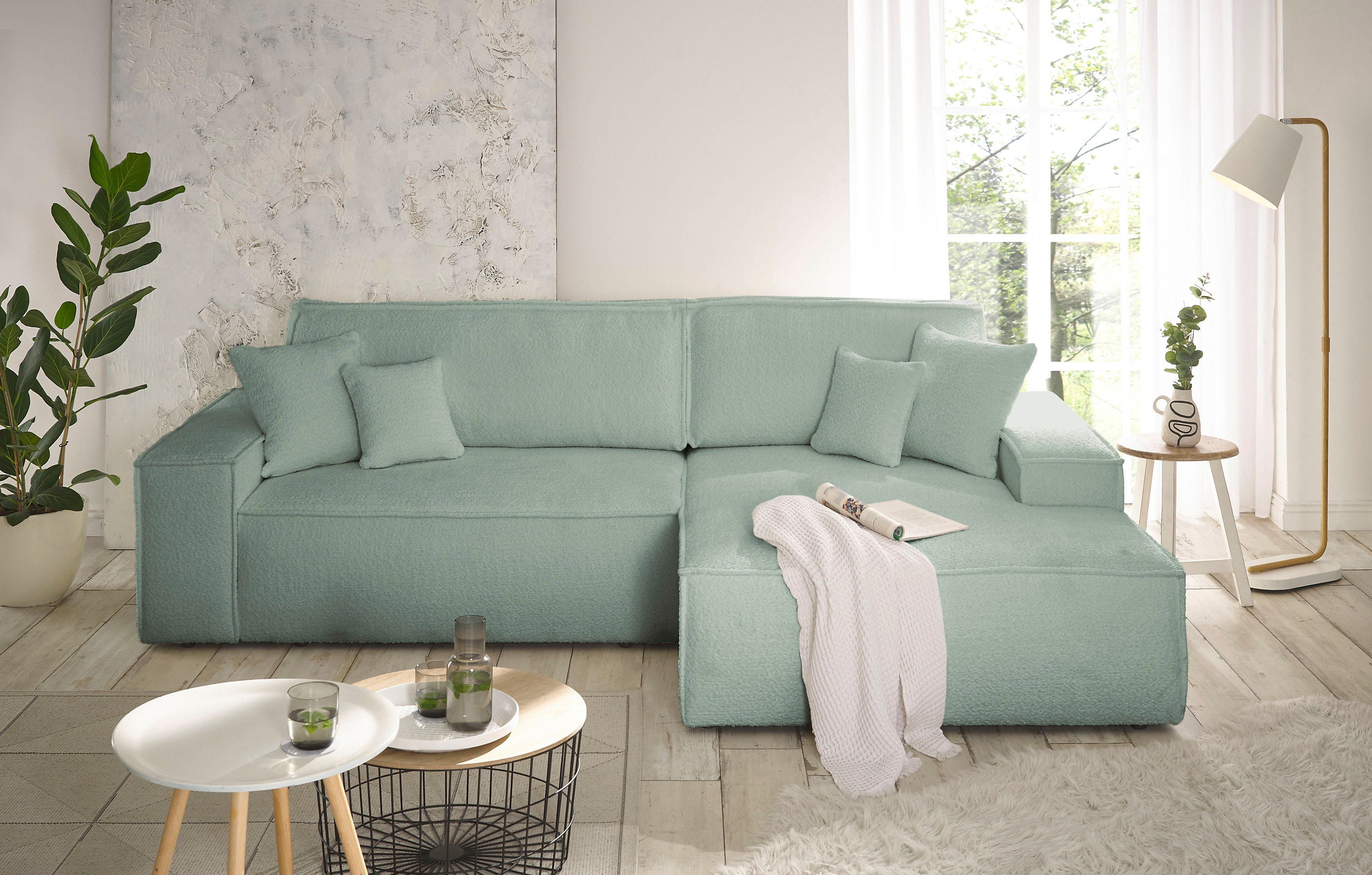 andas Hoekbank Finnley slaapbank 267 cm in Bouclé, fijne structuur en cord, L-vorm