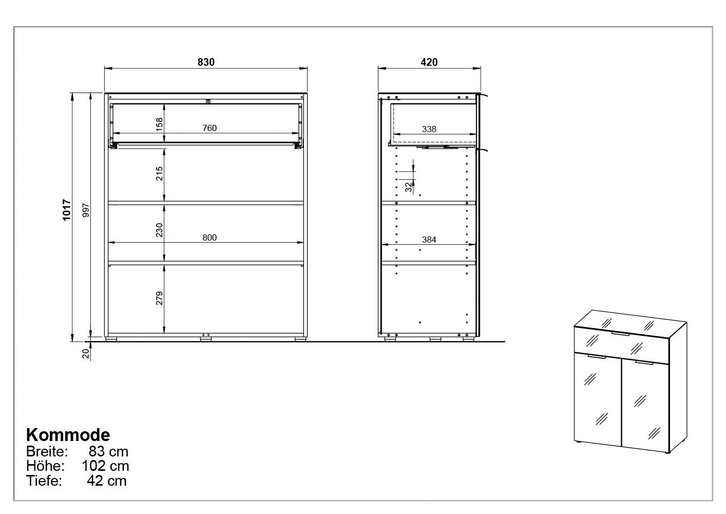 GERMANIA Kast met laden en deuren OAKLAND Breedte 83 cm , fronten en bovenblad met glas-inlay