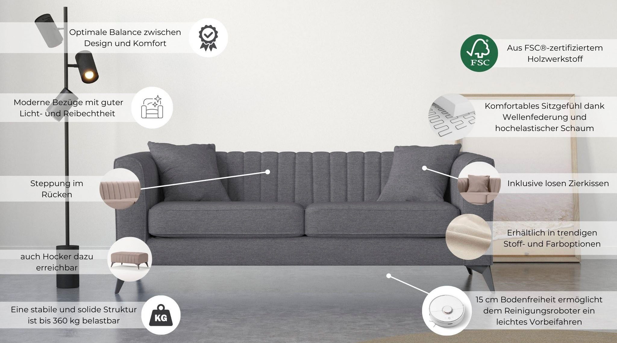 Places of Style 3-zitsbank MATTHEW elegant designsofa, afmetingen B/D/H: 201/86/74 cm fijne stiksels in het ruggebied, losse zitkussens, inclusief sierkussens