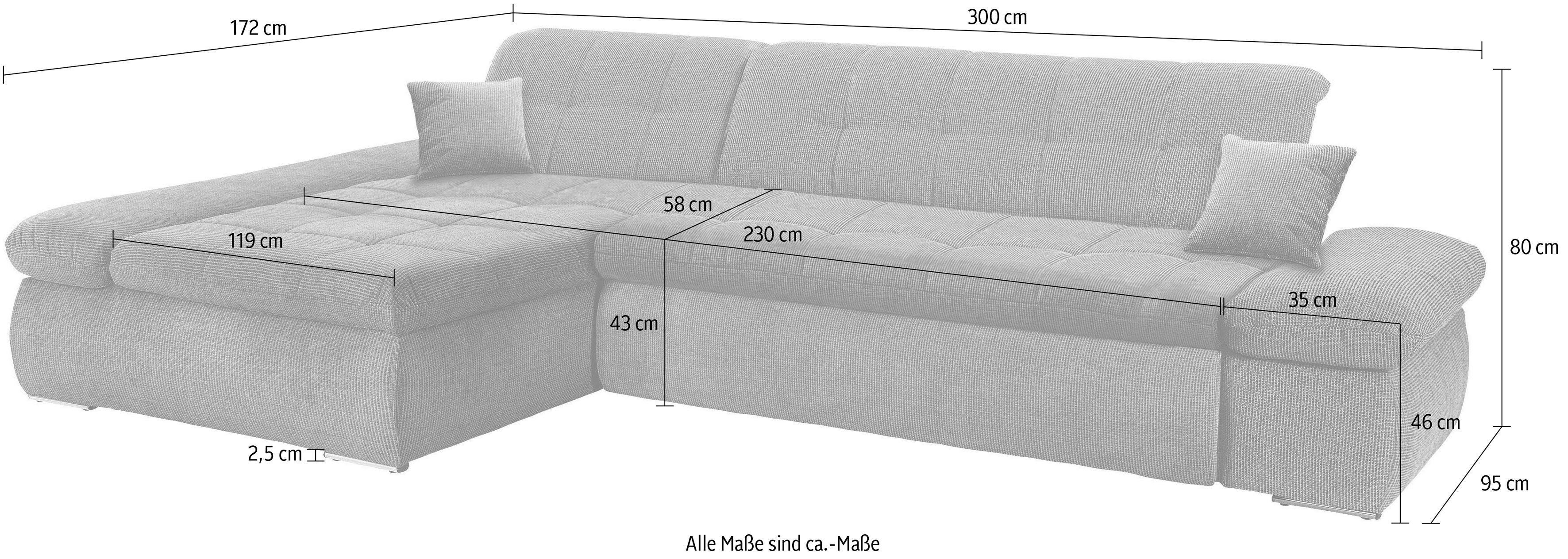 DOMO collection Hoekbank NMoric XXL, B/D/H: 300/172/80cm, L-vorm naar keuze met slaapfunctie en verstelbare armleuning