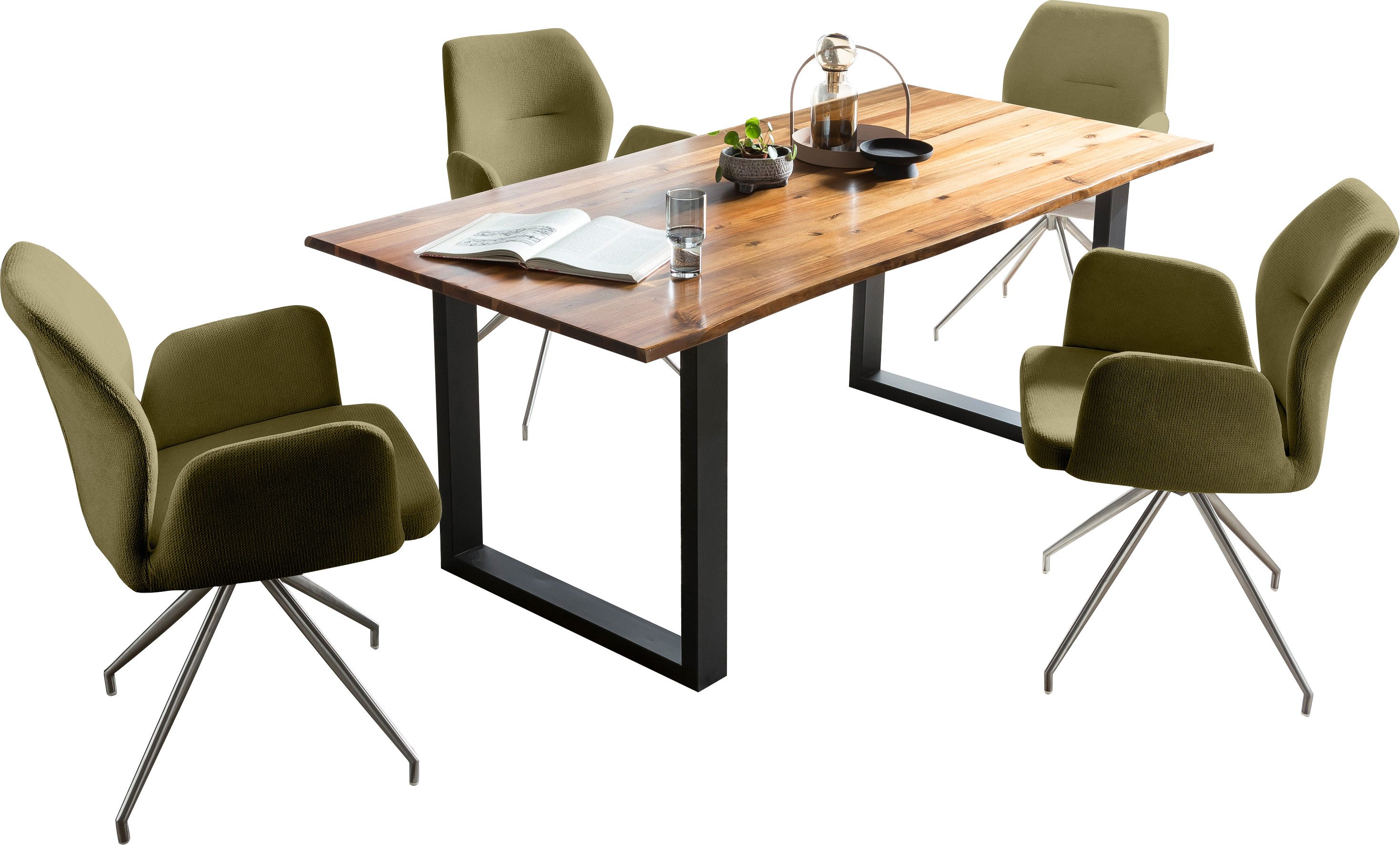 SalesFever Eethoek Tafelblad met echte boomrand, frame van roestvrij staal (set, 5-delig)