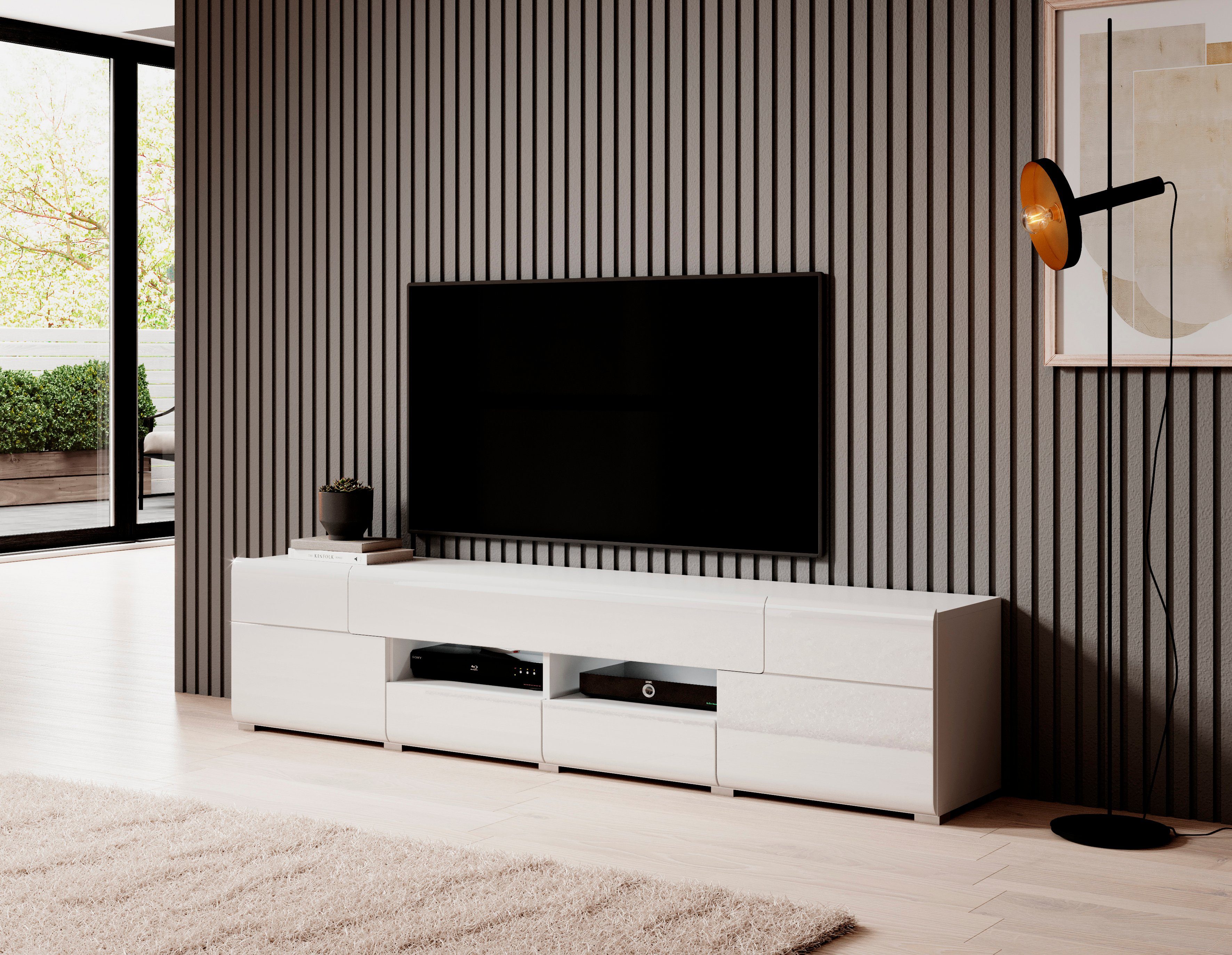 INOSIGN Wandmeubel Toledo, breedte 391cm stijlvolle mediawand zonder verlichting Opbouwwand (vitrine, lowboard, highboard, 2x hangplank) MDF hoogglans fronten (set, 5 stuks)