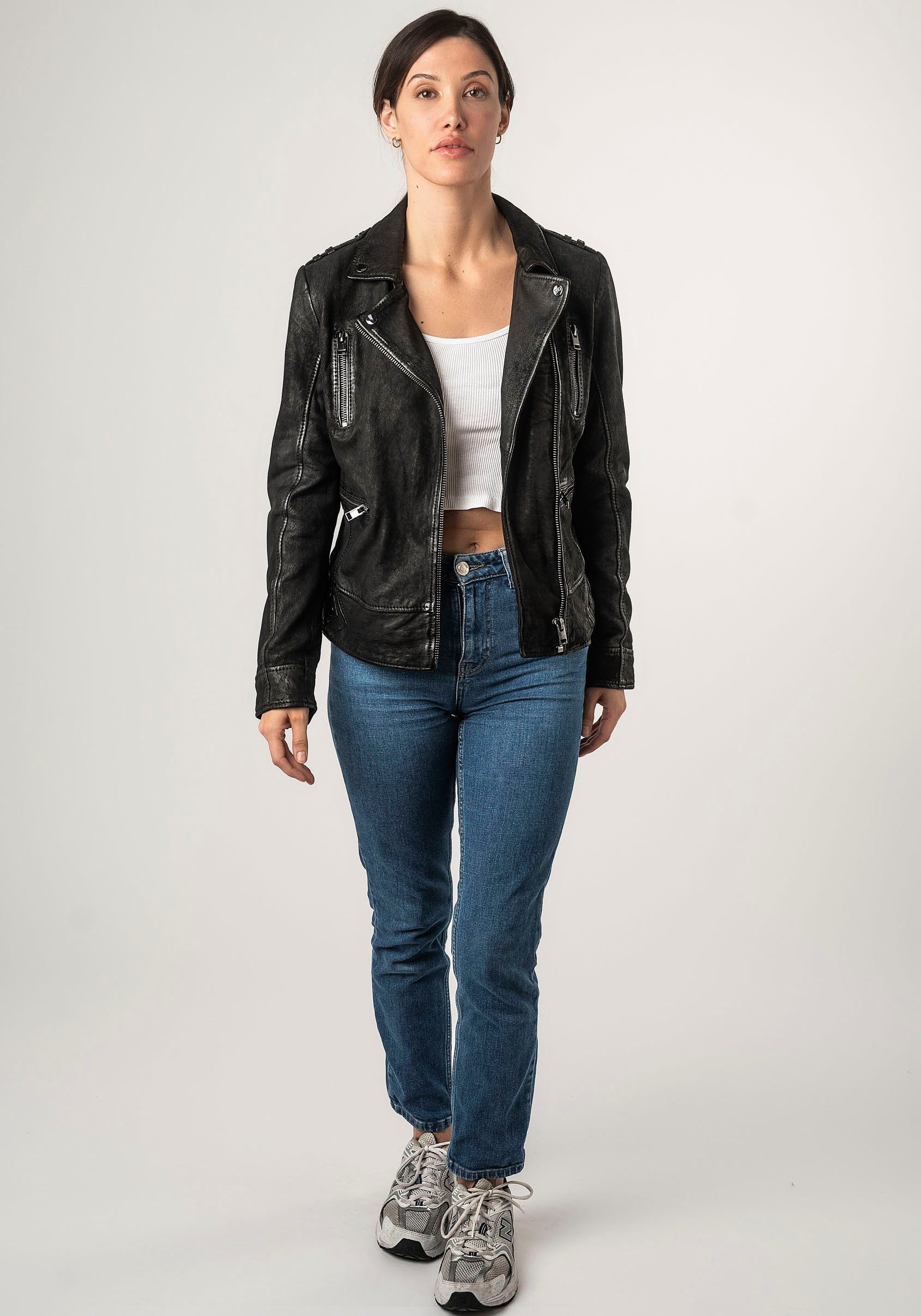 Mauritius Leren jack 2Wtashi met schouderflappen, met studs, met ritszakken