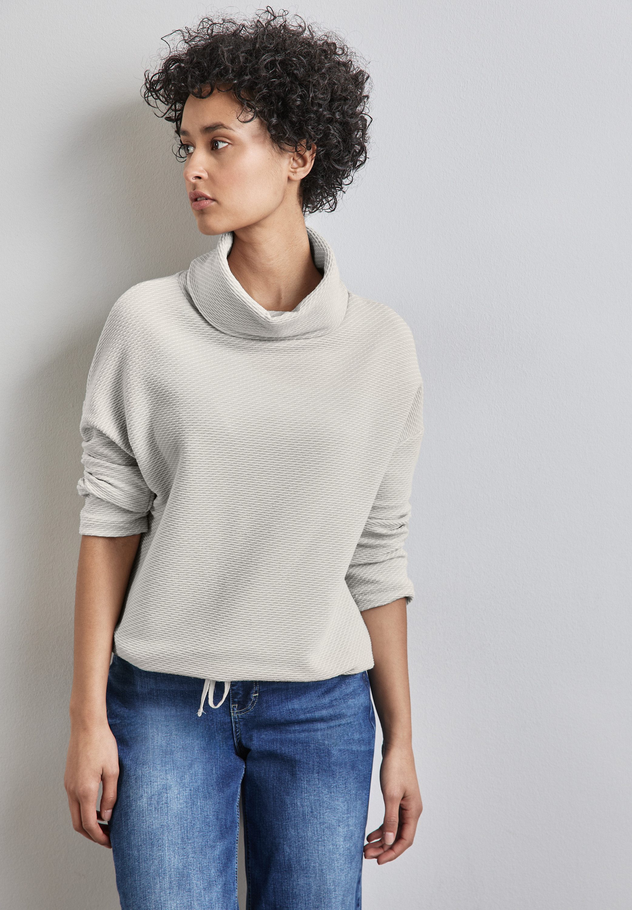 STREET ONE Shirt met 3 4 mouwen in structuur-look en met sjaalkraag