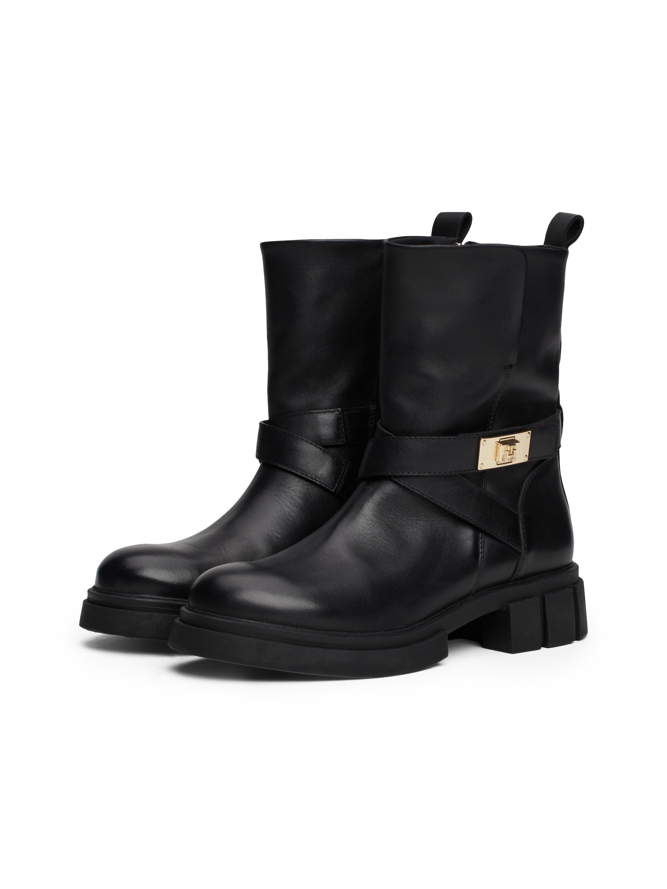 Tommy Hilfiger Bikerboots BIKER LEATHER blokhak, enkellaars, laarzen met goudkleurige sieraad