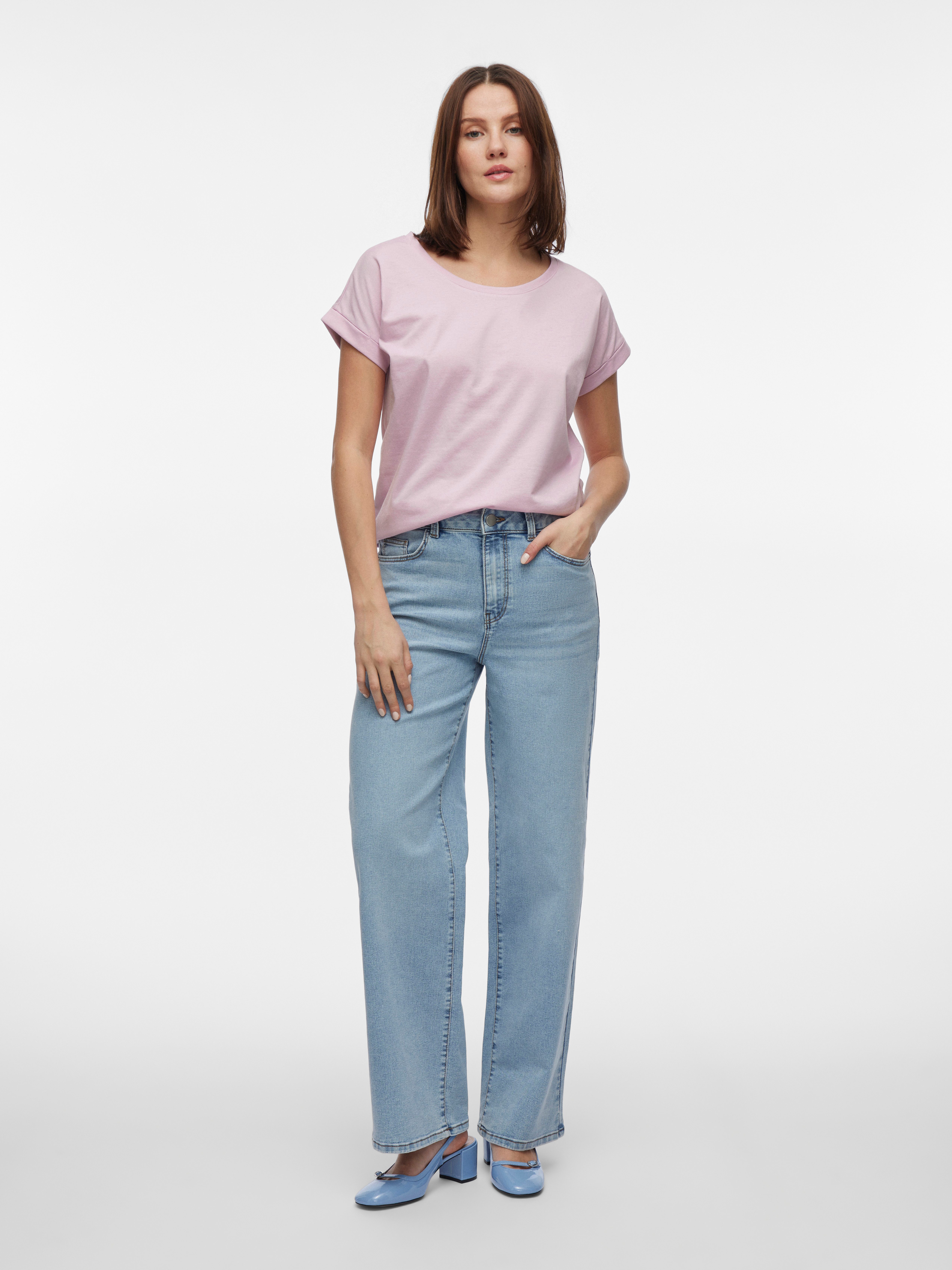 Vila Shirt met ronde hals VIDREAMERS NEW PURE T-SHIRT/SU-NOOS Basic dames T-shirt met ronde hals en omgeslagen mouwen