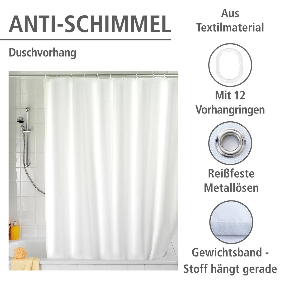 WENKO Douchegordijn Uni white Hoogte 200 cm, polyester. Wasbaar