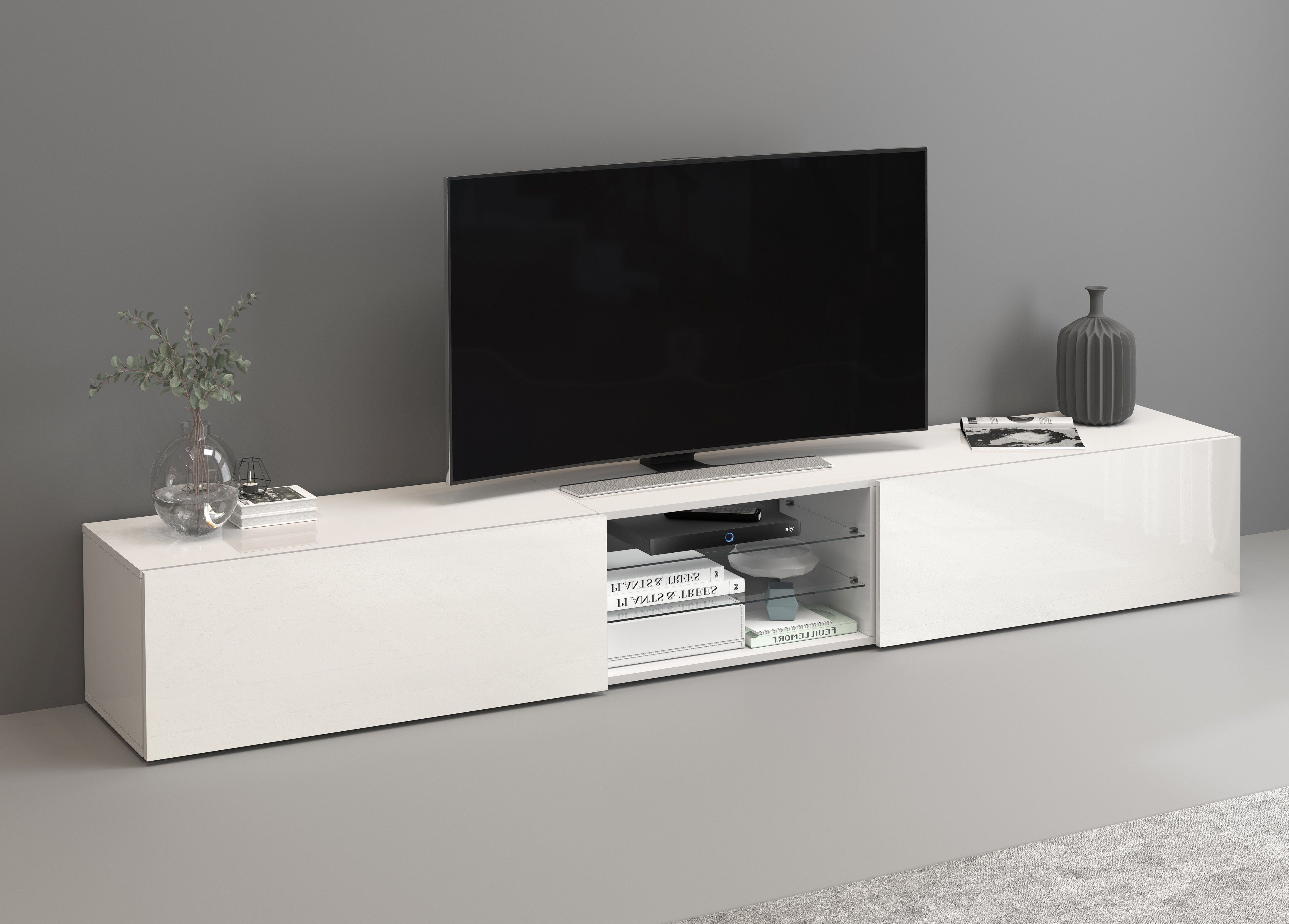 INOSIGN Tv-meubel Egypt, Lowboard, TV-ladekast, TV-meubel, TV-bank met 2 kleppen, 2 glazen planken, volledig hoogglans gelakt (b/d/h) 240x38x35 cm