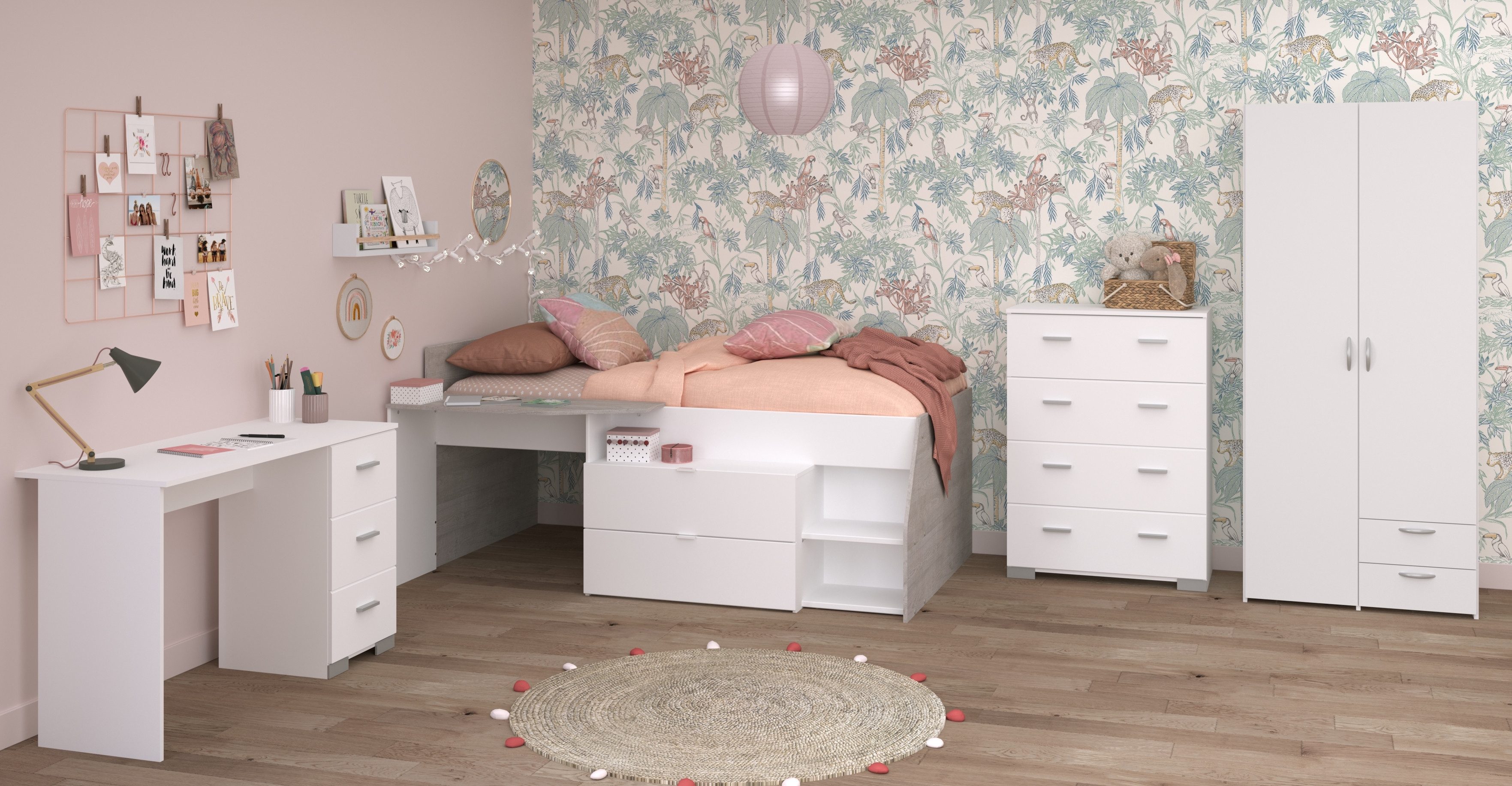 Parisot Tienerkamerset Parisot, Milky 11 veel opbergruimte, complete kamer, voor jongens en meisjes (5-delig)
