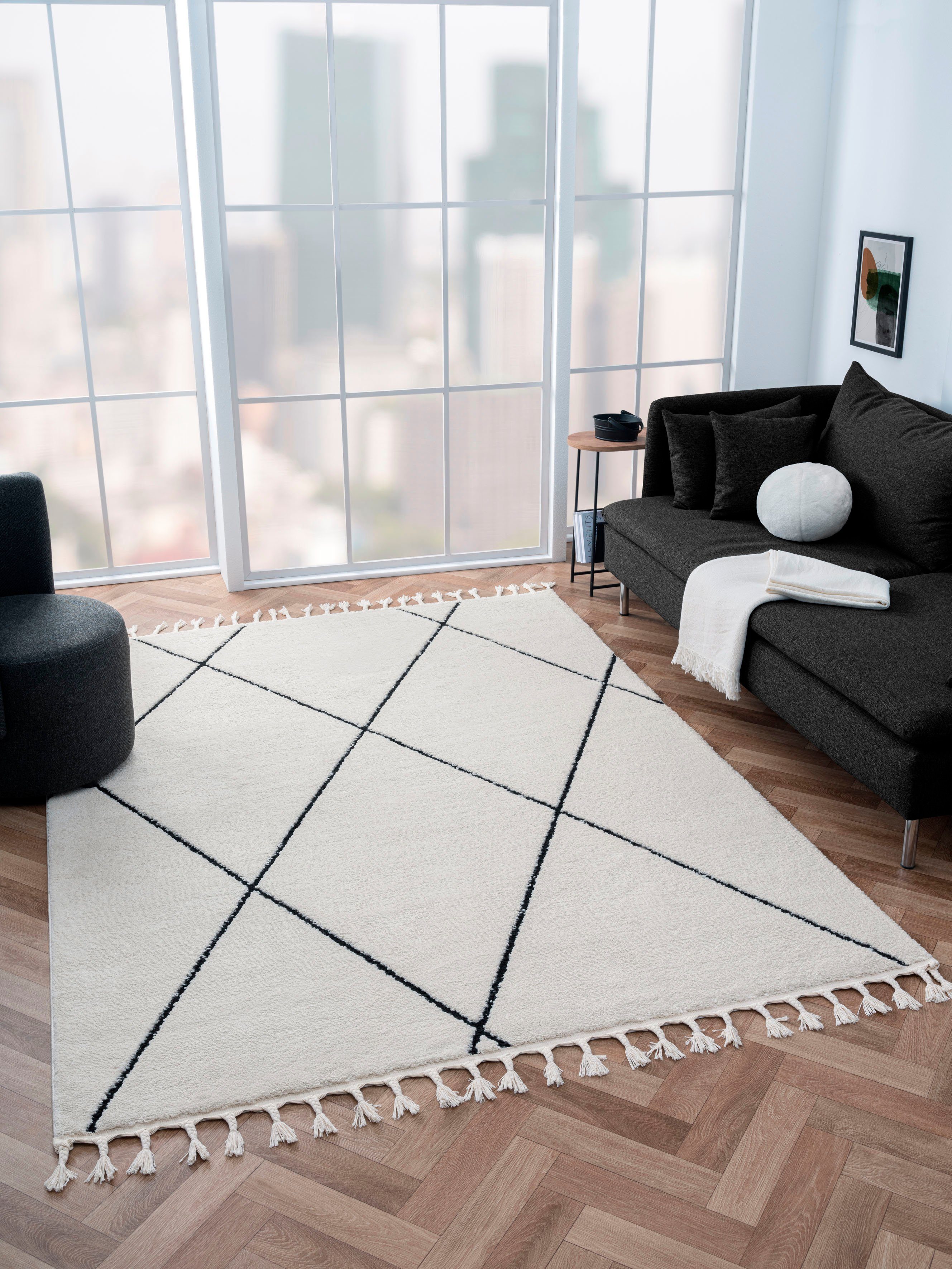 Myflair Möbel & Accessoires Hoogpolig vloerkleed Moroccan Pattern modern, marokkaans ontwerp, ruitenpatroon, zacht, met franjes moderne vloerkleden