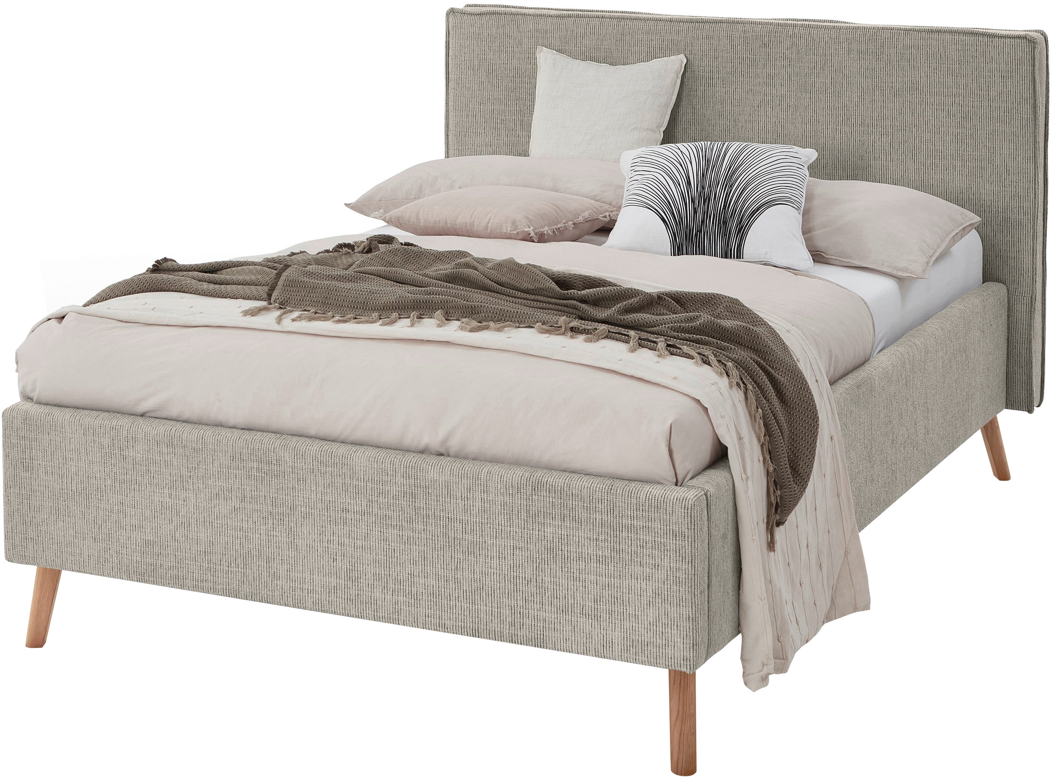 meise.möbel Gestoffeerd bed Riva met eikenkleurige houten poten, naar keuze met bedkist en lattenbodem