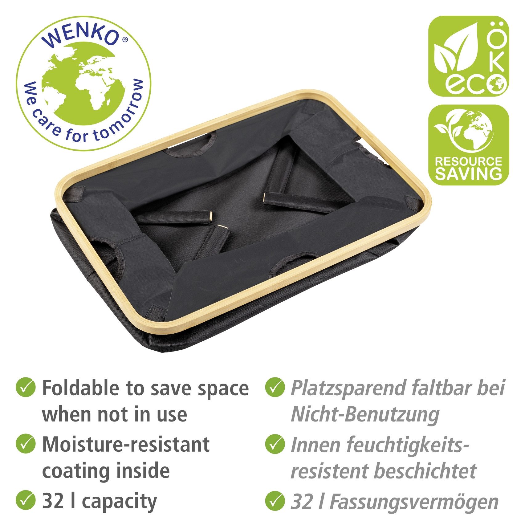 WENKO Wasmand Ecori opvouwbare wasverzamelaar, gerecycled polyester met bamboe frame (1 stuk)