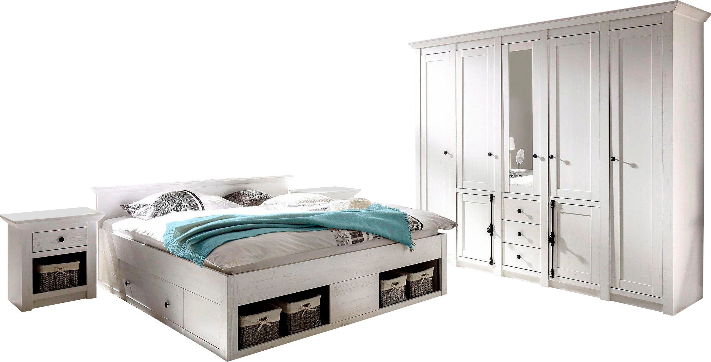 home affaire slaapkamerserie california groot: bed 180 cm, 2 nachtkastjes, 5-deurs kledingkast (set, 4-delig) wit